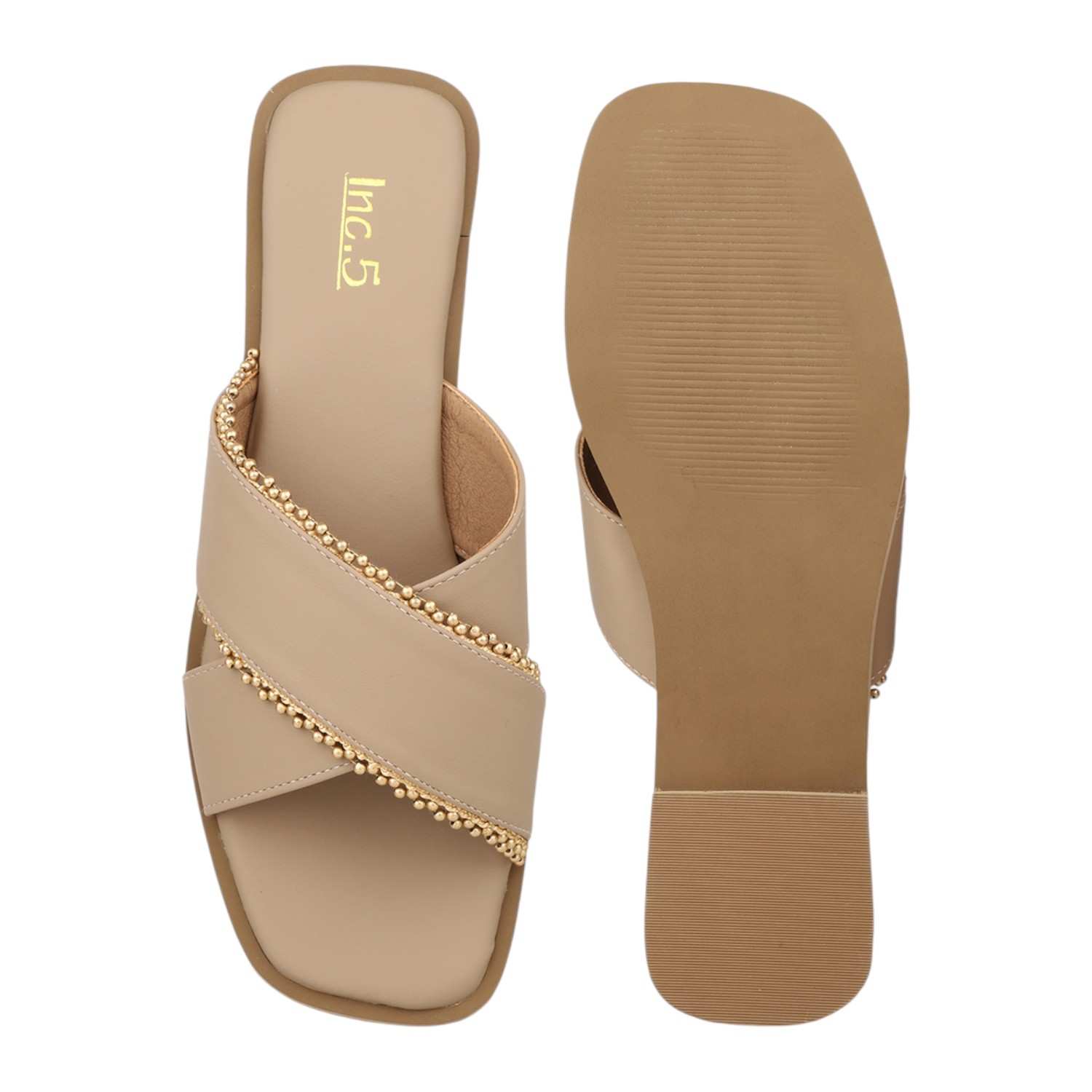 Women Beige Flat Slide Sandals with Gold Bead Trim