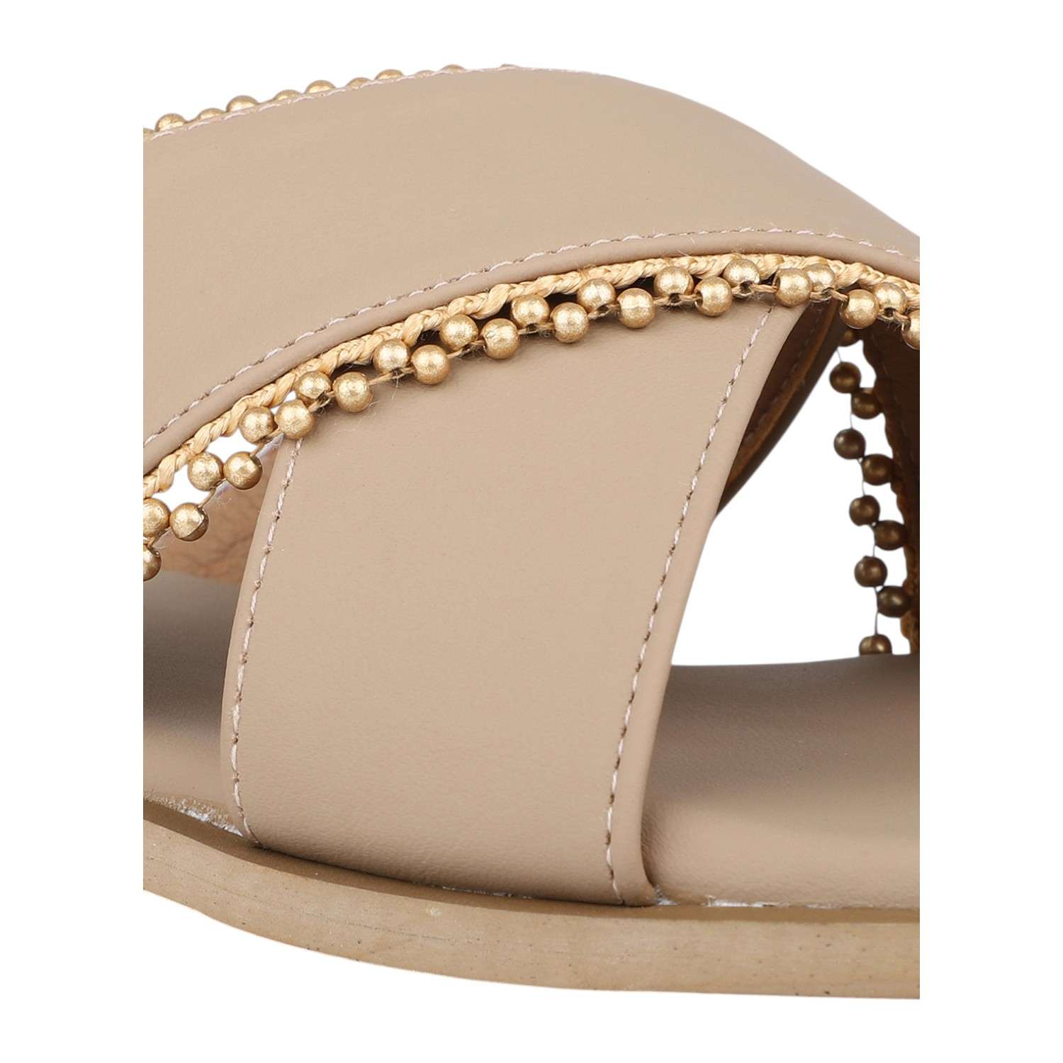 Women Beige Flat Slide Sandals with Gold Bead Trim