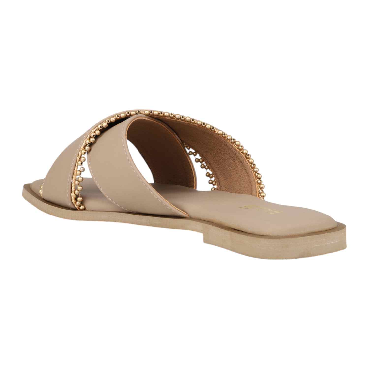 Women Beige Flat Slide Sandals with Gold Bead Trim