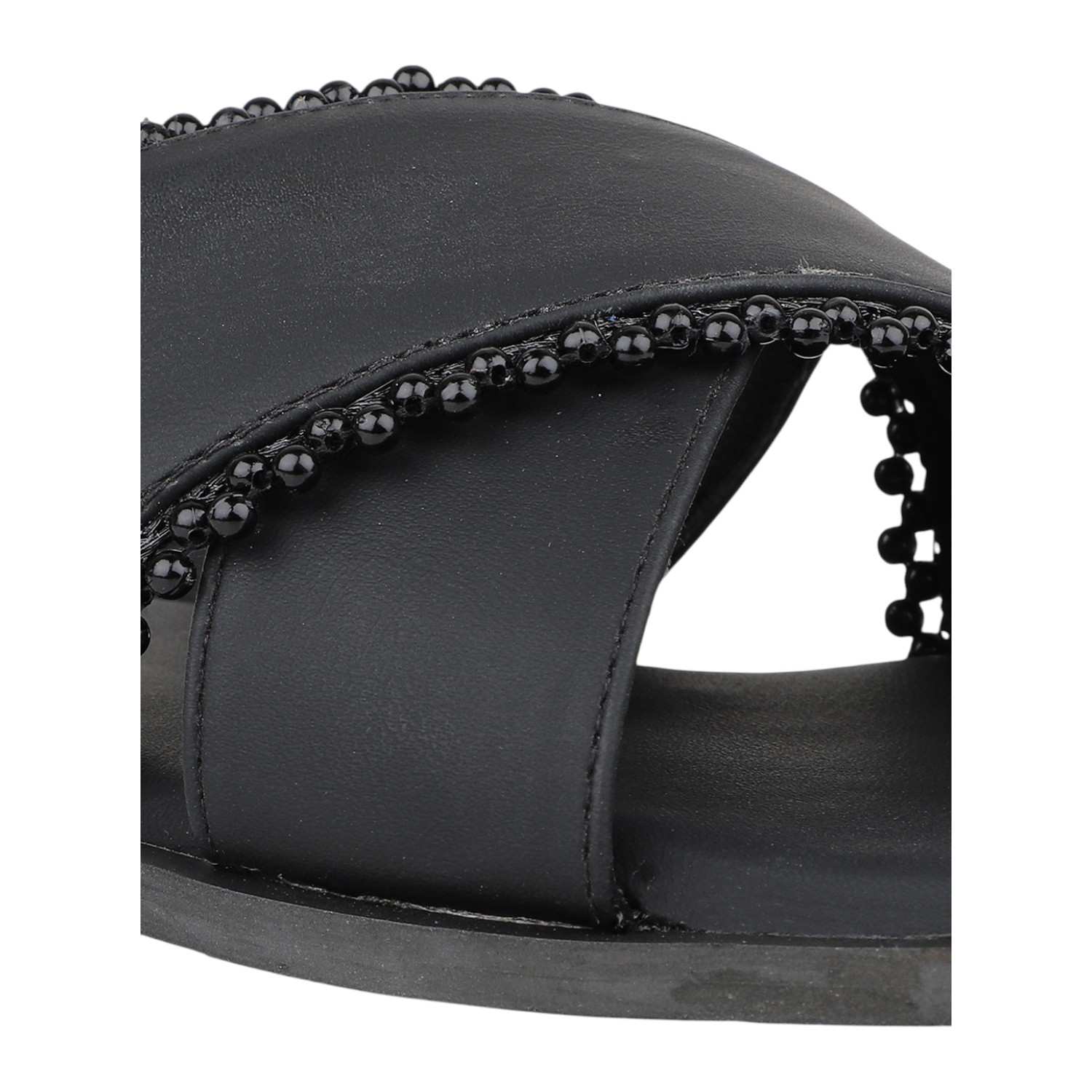 Women Black Flat Slide Sandals with Black Bead Trim