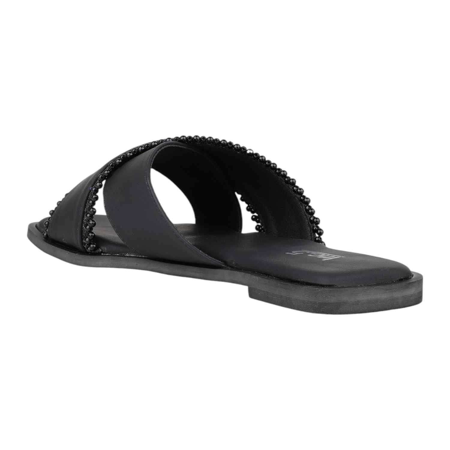 Women Black Flat Slide Sandals with Black Bead Trim