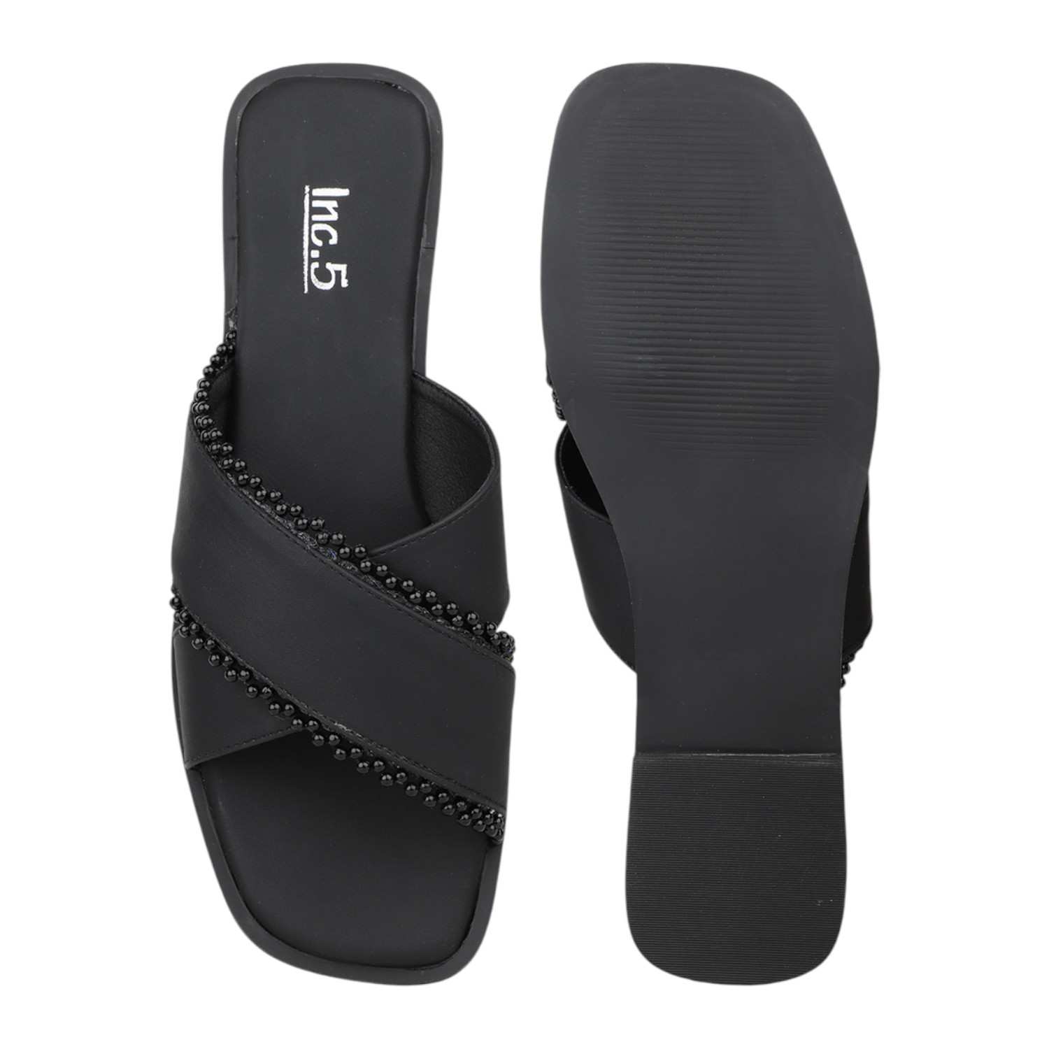 Women Black Flat Slide Sandals with Black Bead Trim