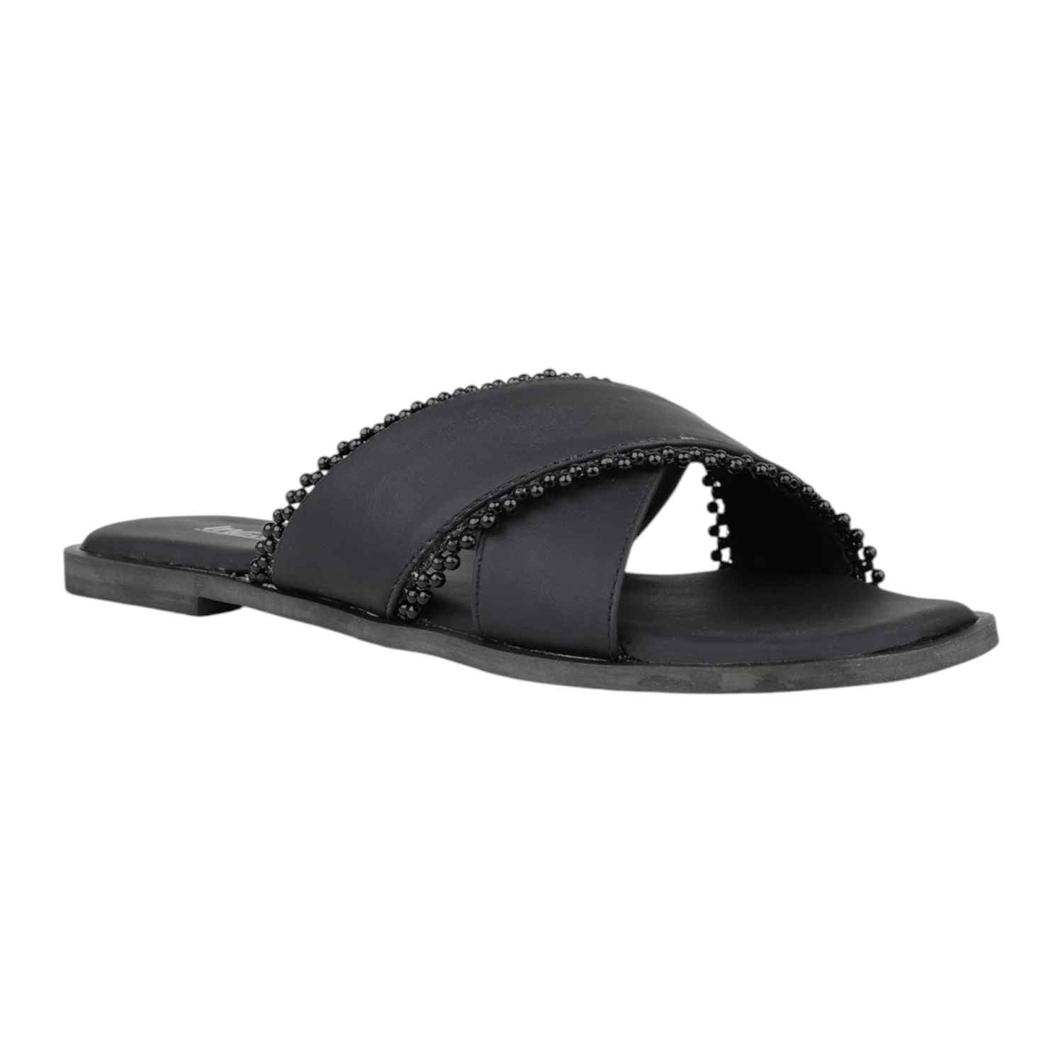 Women Black Flat Slide Sandals with Black Bead Trim
