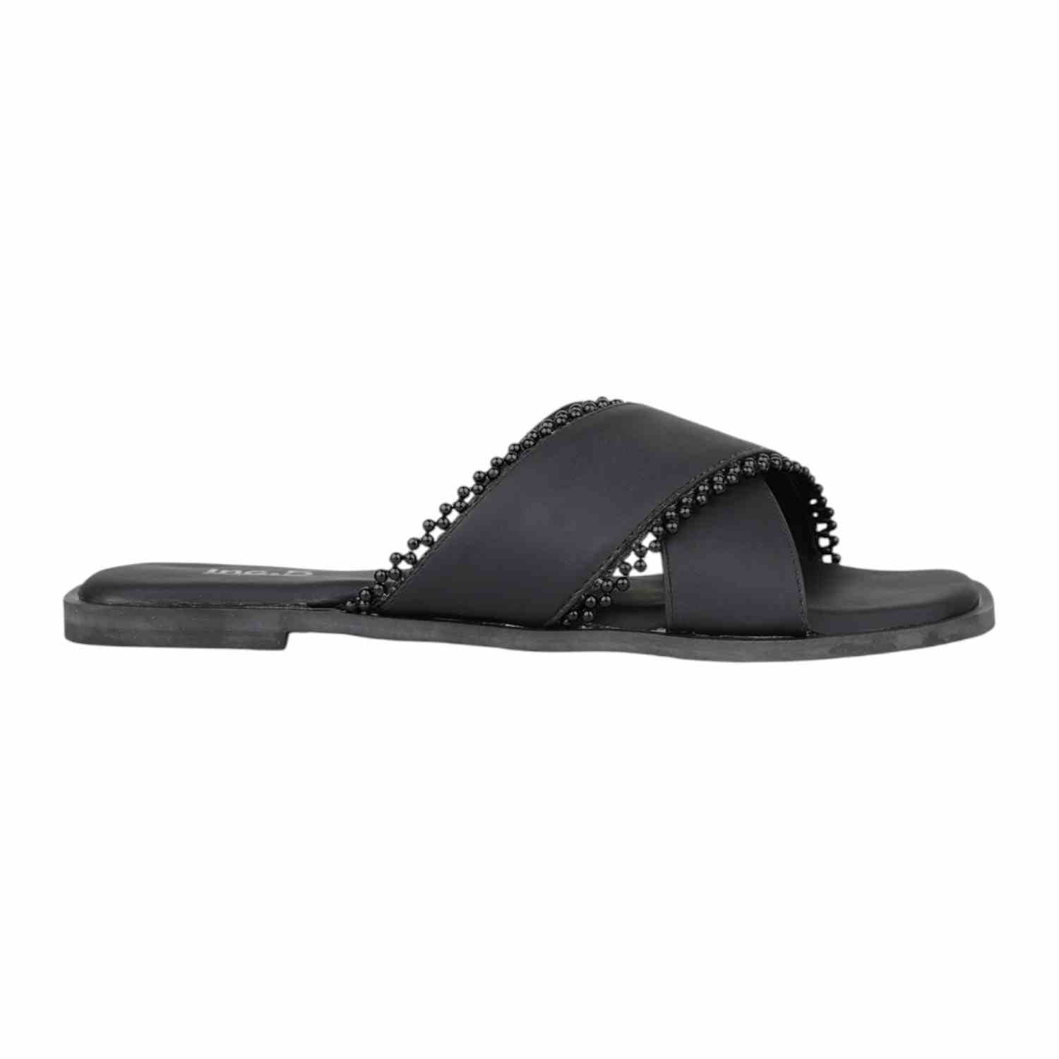 Women Black Flat Slide Sandals with Black Bead Trim