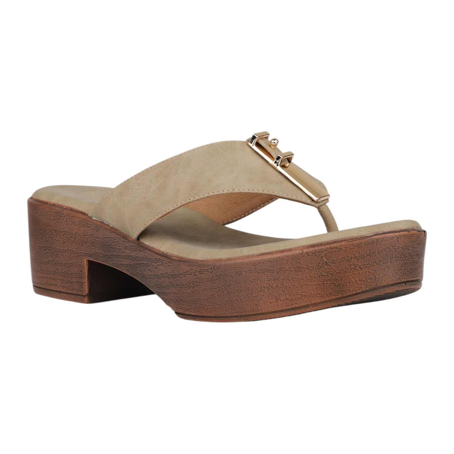Inc.5 | Women Beige Platform Thong Sandals with Gold Bar Detail|0