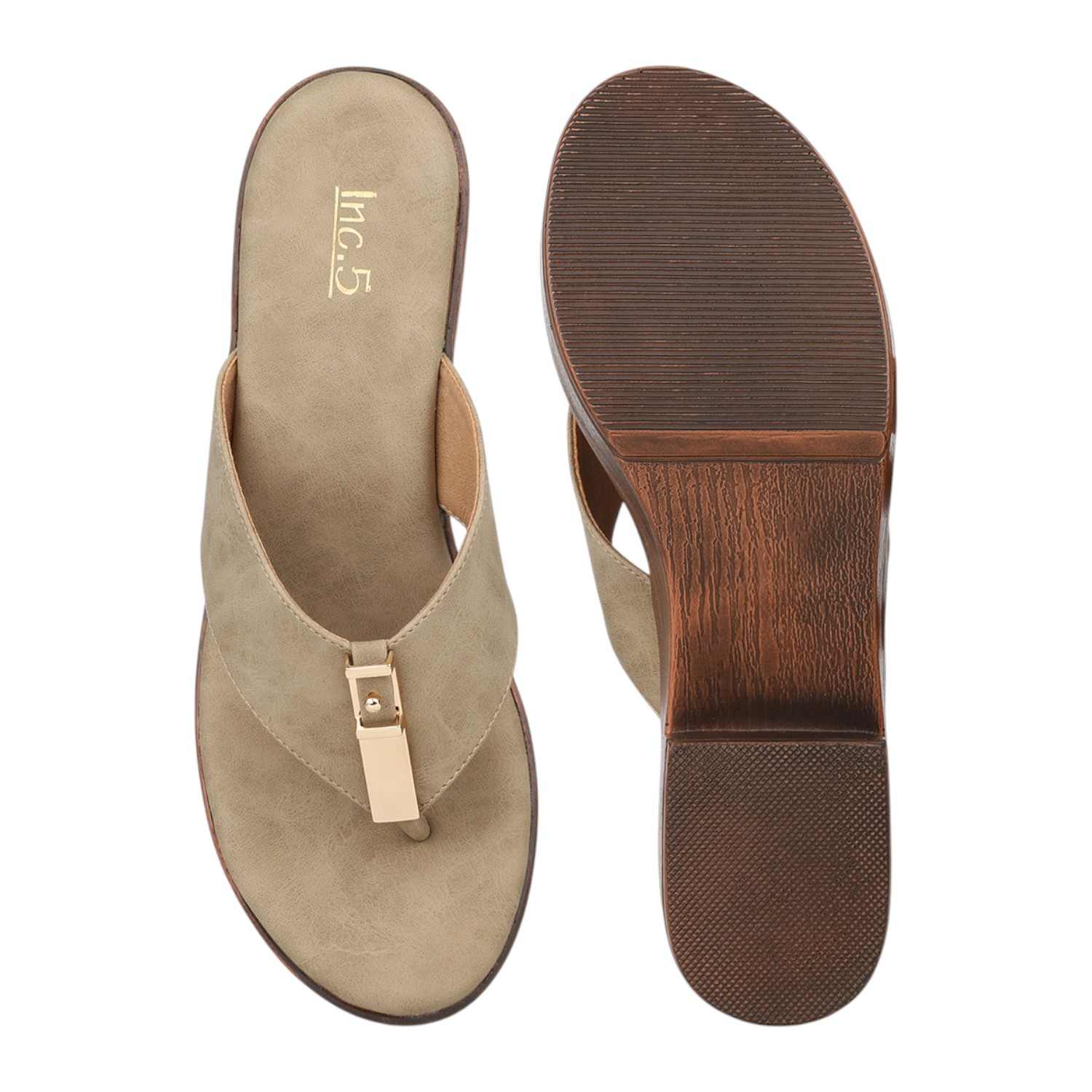 Inc.5 | Women Beige Platform Thong Sandals with Gold Bar Detail|3