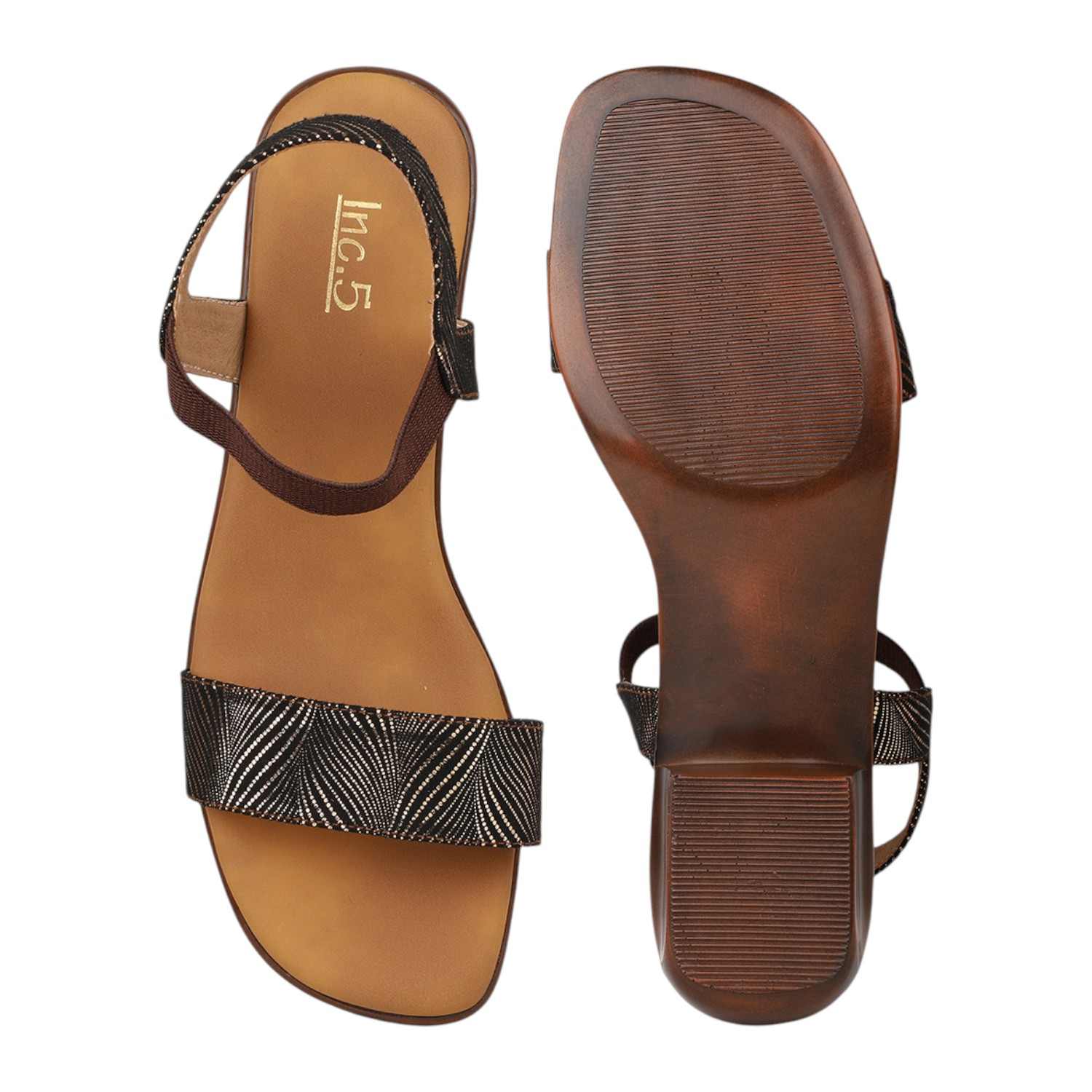 Women Antique Bronze & Black Striped Low Block Heel Sandals