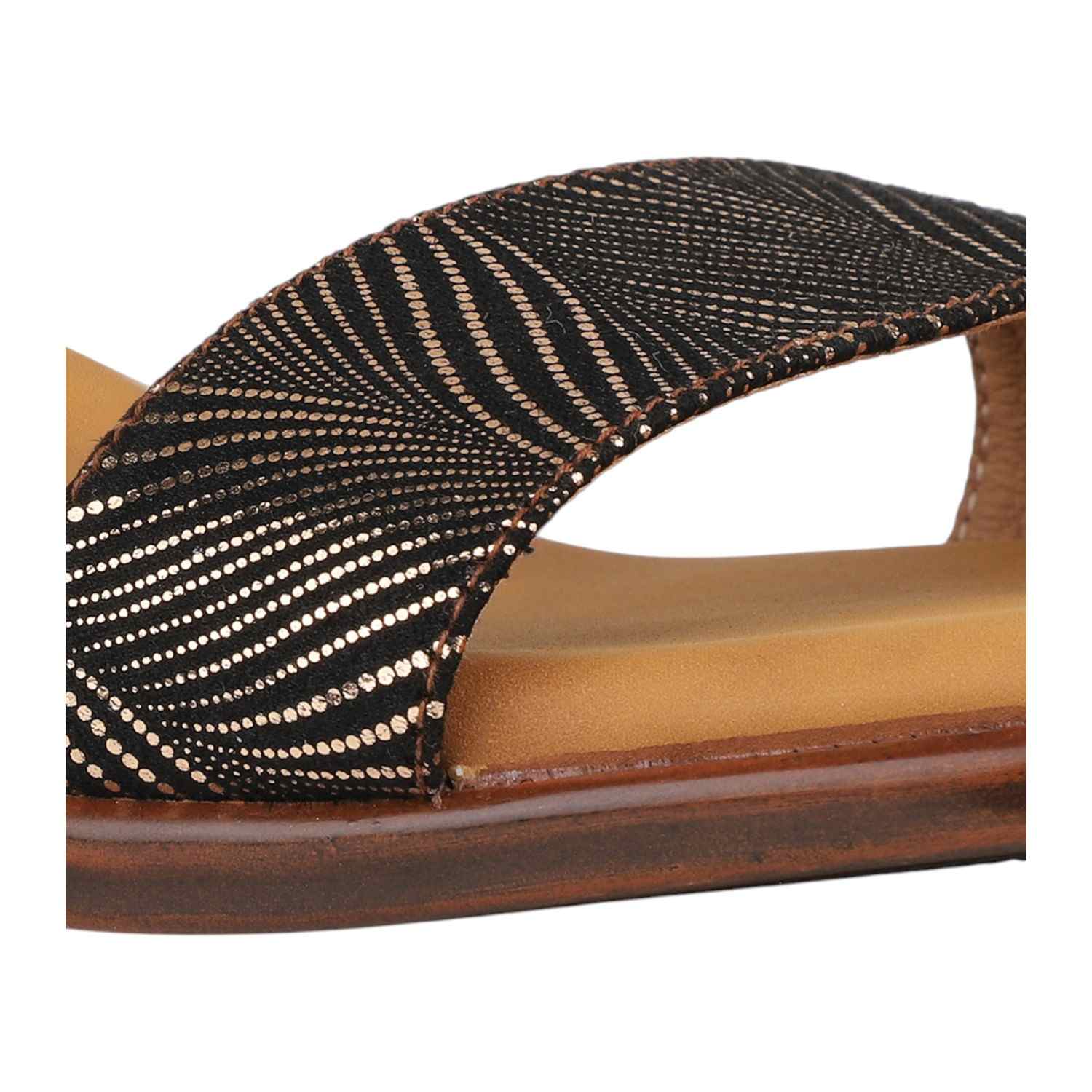 Women Antique Bronze & Black Striped Low Block Heel Sandals