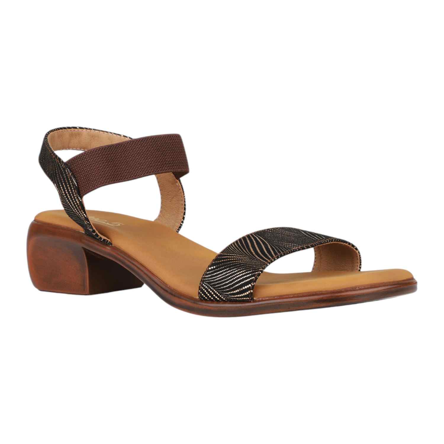 Women Antique Bronze & Black Striped Low Block Heel Sandals