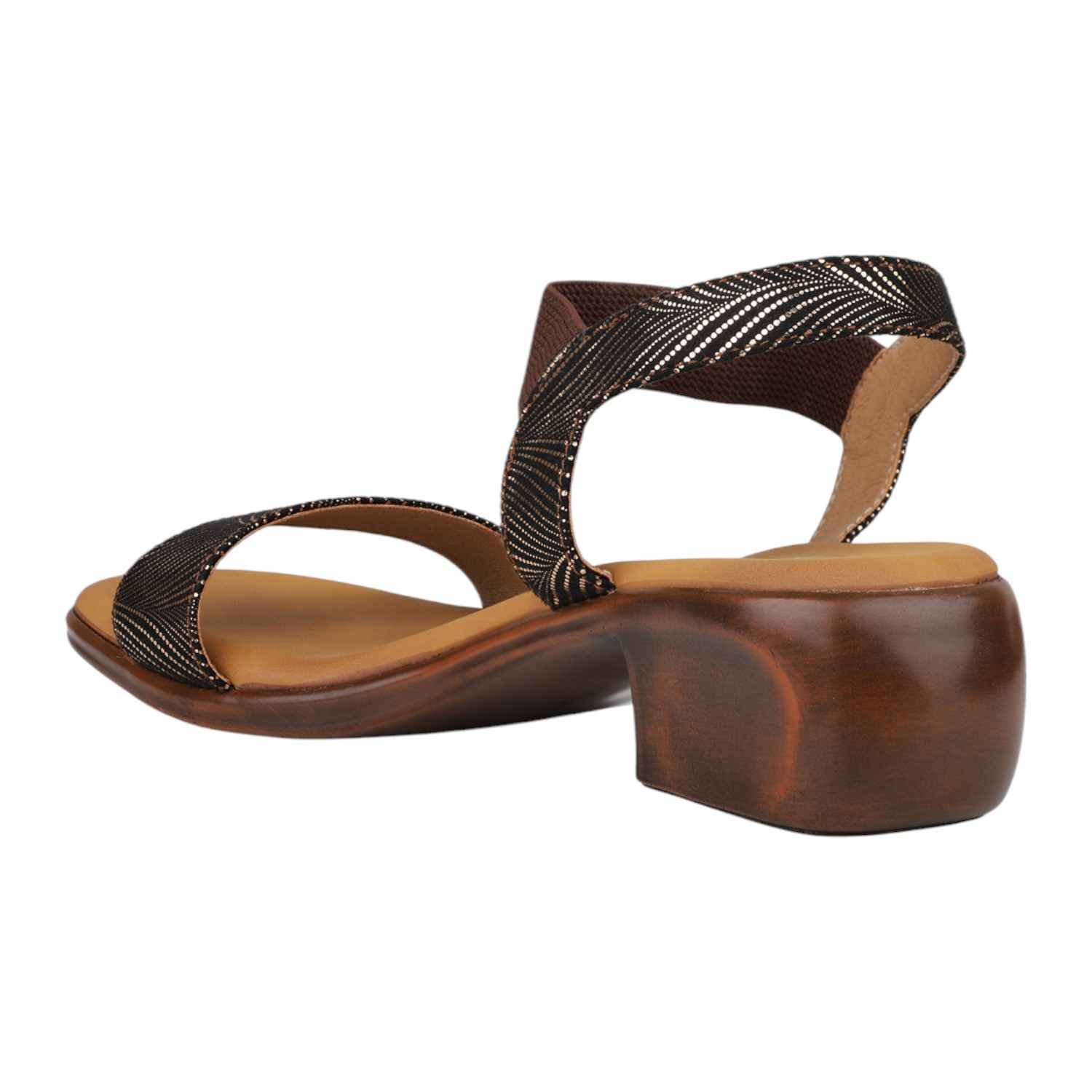 Women Antique Bronze & Black Striped Low Block Heel Sandals