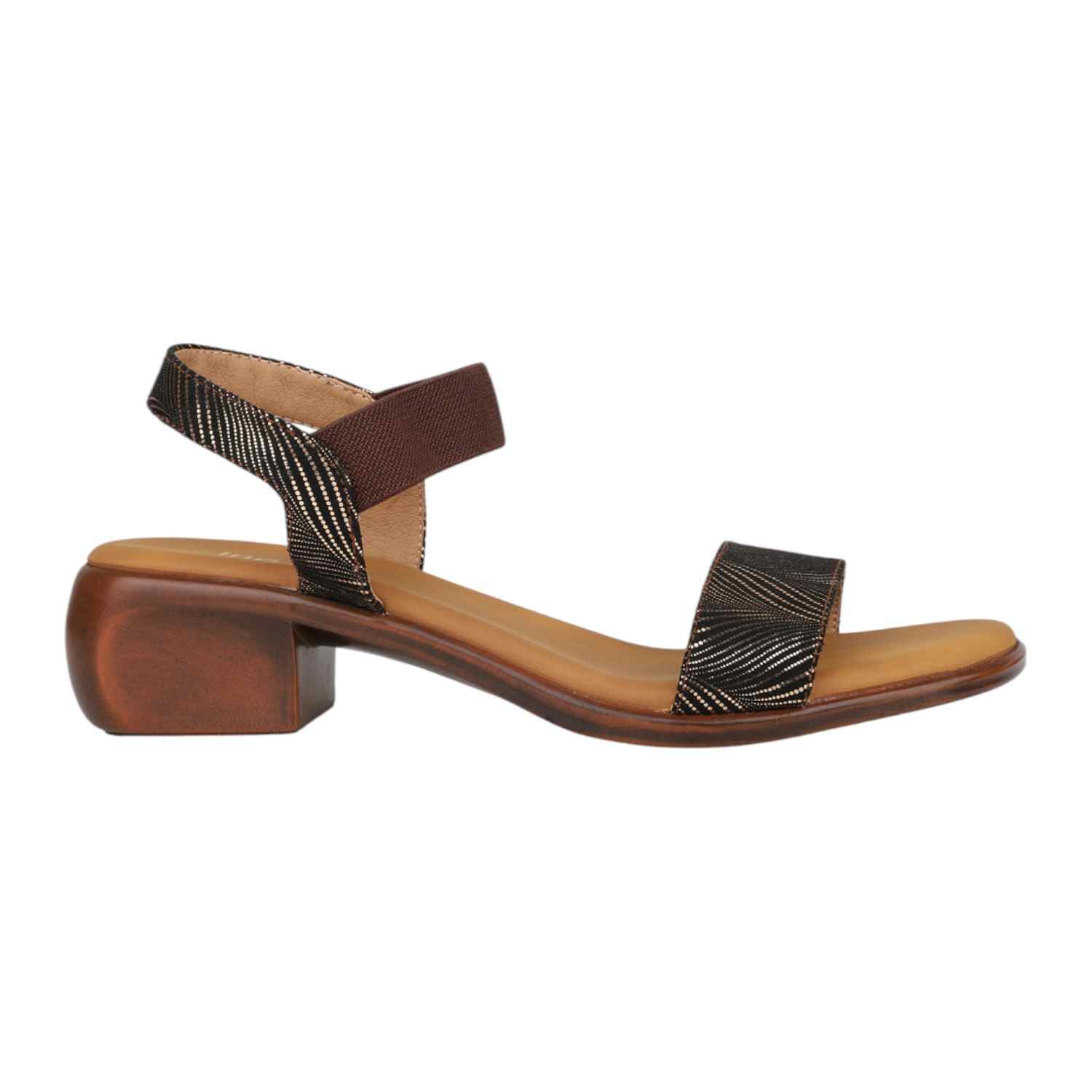 Women Antique Bronze & Black Striped Low Block Heel Sandals