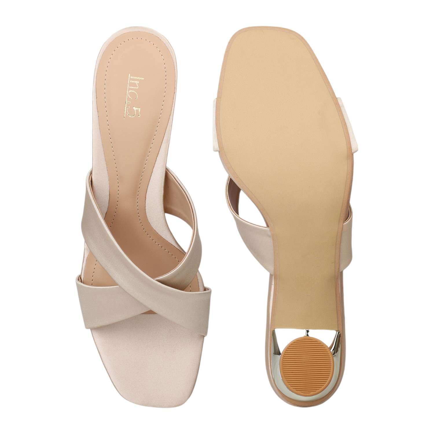 Elegant Beige Cross-Strap Slide with Sculptural Heel
