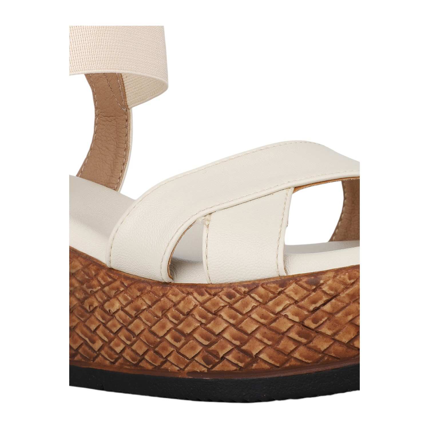 Women Cream Criss-Cross Platform Wedge Sandals with Textured Sole