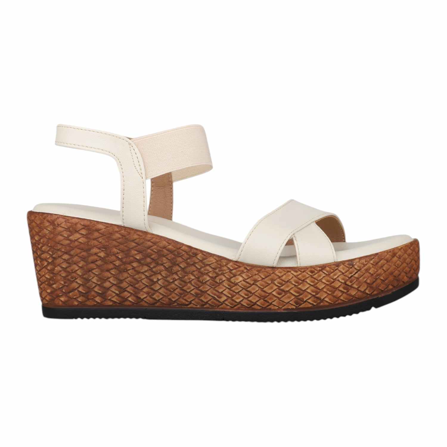 Women Cream Criss-Cross Platform Wedge Sandals with Textured Sole