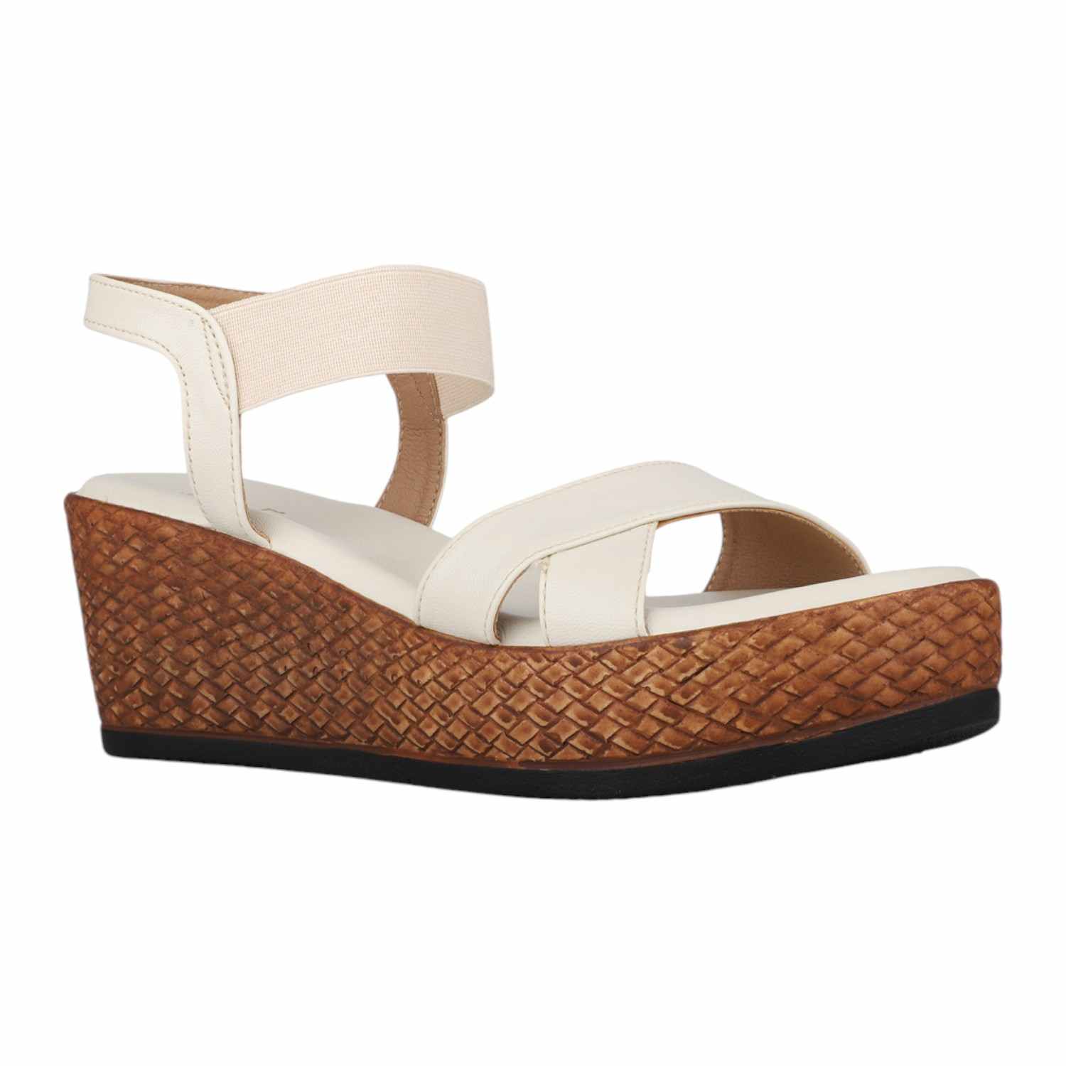 Women Cream Criss-Cross Platform Wedge Sandals with Textured Sole