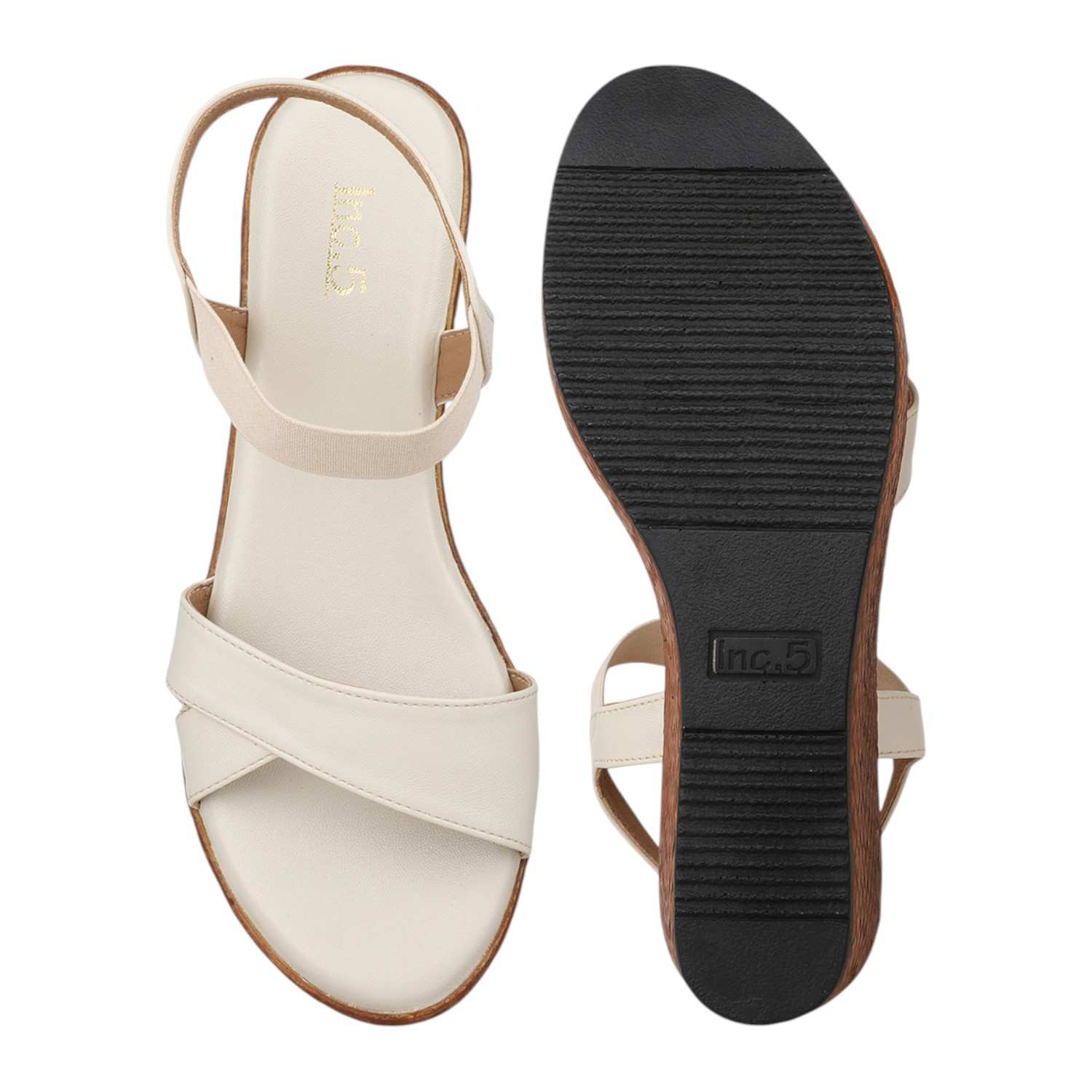 Women Cream Criss-Cross Platform Wedge Sandals with Textured Sole