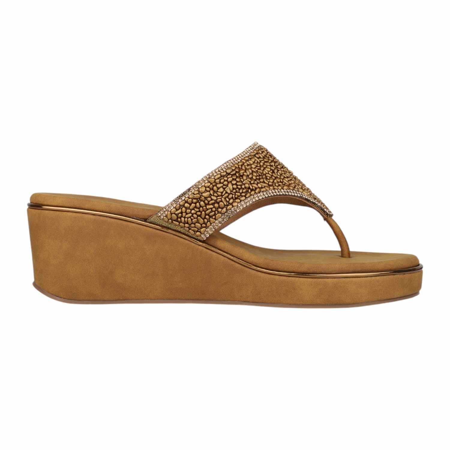Women Antique Gold Beaded Wedge Thong Sandals