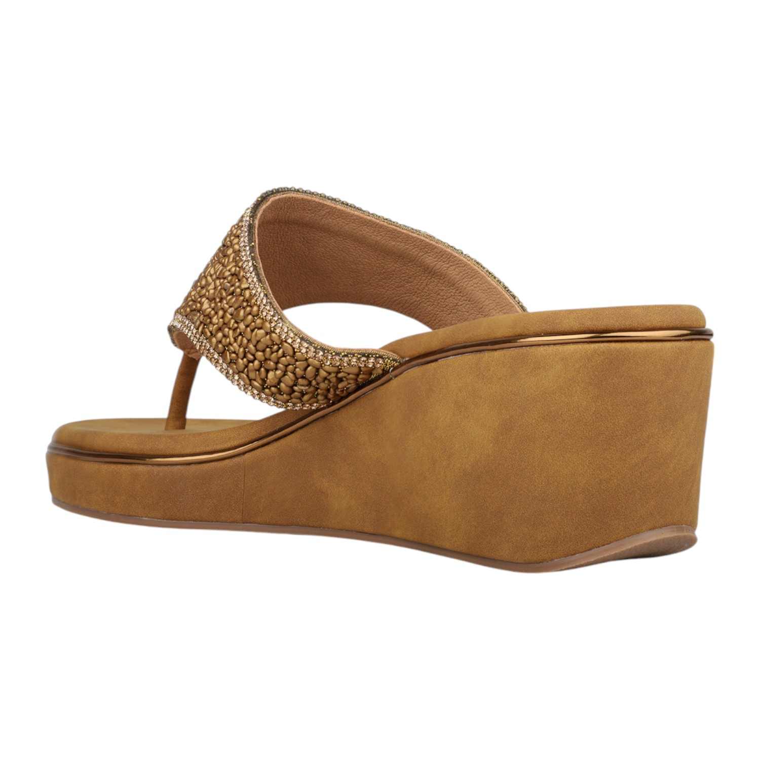 Women Antique Gold Beaded Wedge Thong Sandals