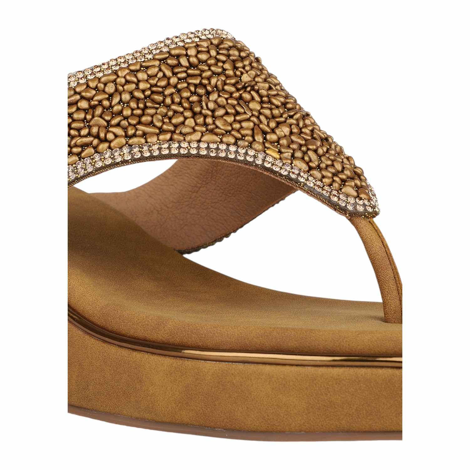 Women Antique Gold Beaded Wedge Thong Sandals