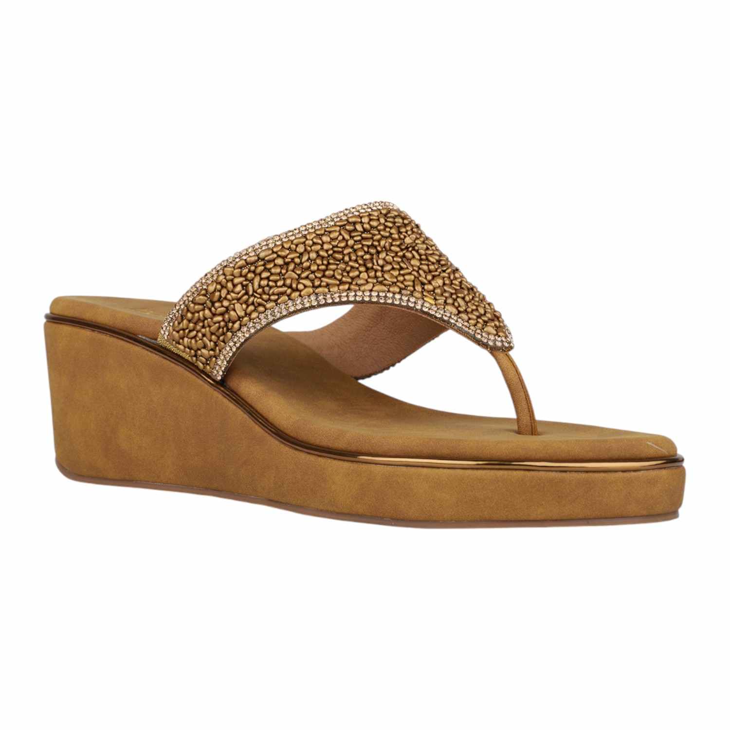 Women Antique Gold Beaded Wedge Thong Sandals