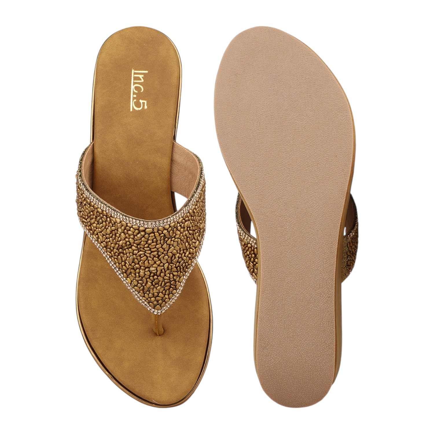 Women Antique Gold Beaded Wedge Thong Sandals