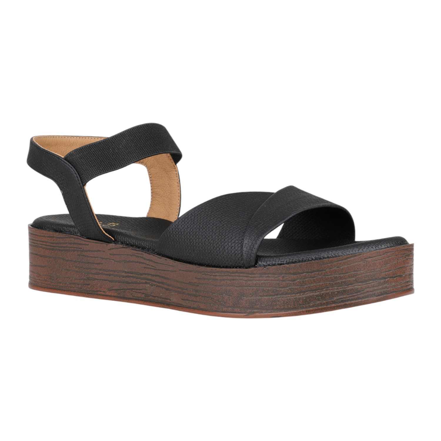 Women Black Platform Sandals with Ribbed Strap and Wood-Look Sole