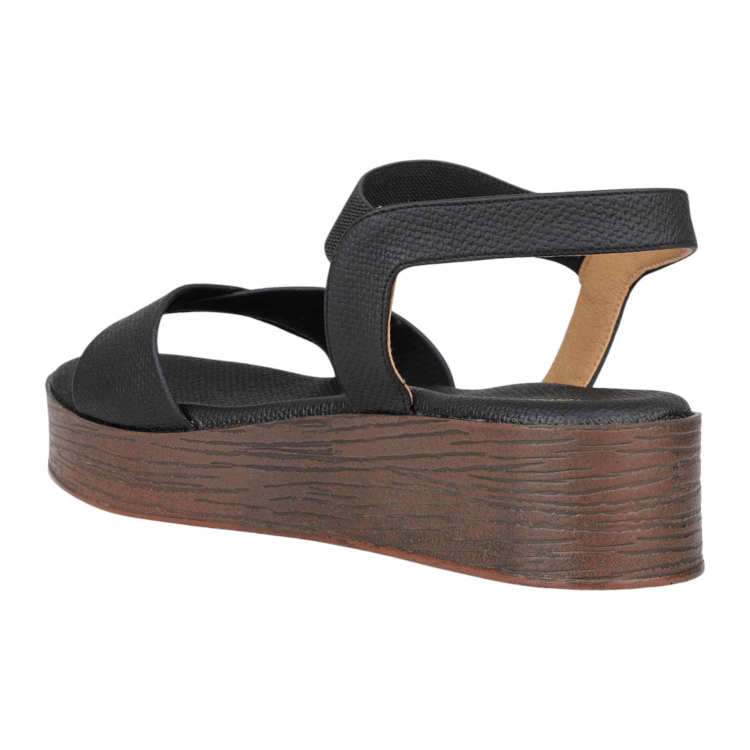 Inc.5 | Women Black Platform Sandals with Ribbed Strap and Wood-Look Sole