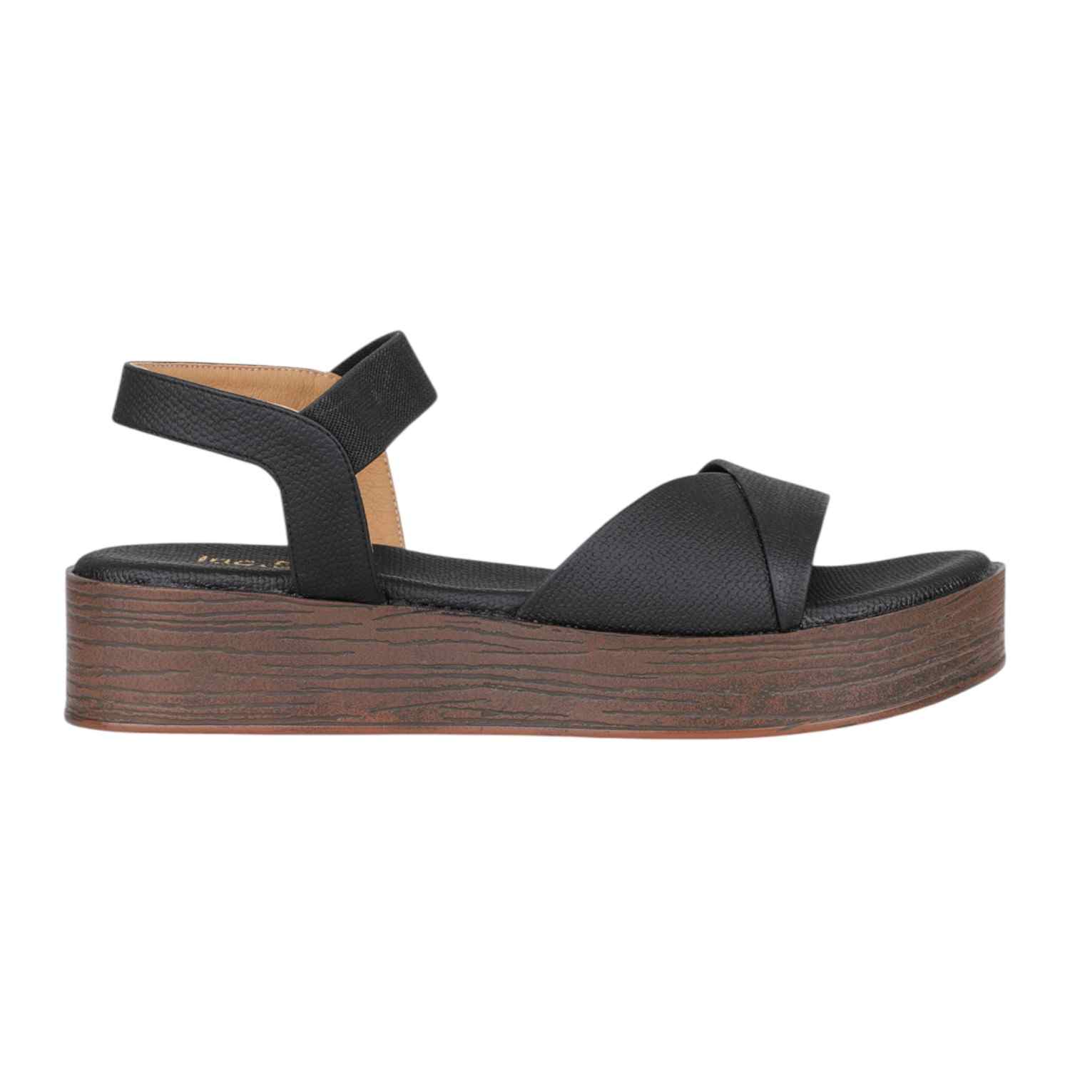 Inc.5 | Women Black Platform Sandals with Ribbed Strap and Wood-Look Sole|2