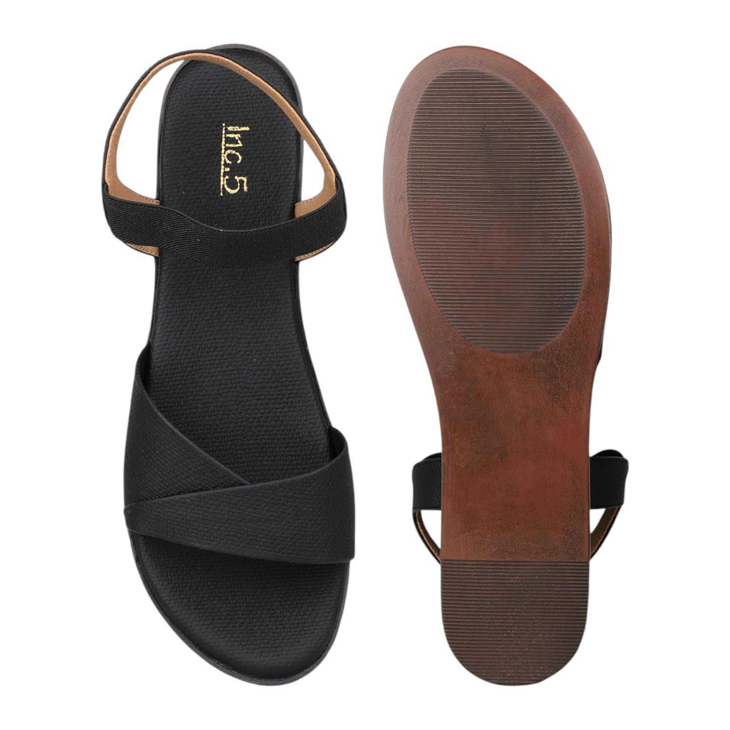 Inc.5 | Women Black Platform Sandals with Ribbed Strap and Wood-Look Sole|3