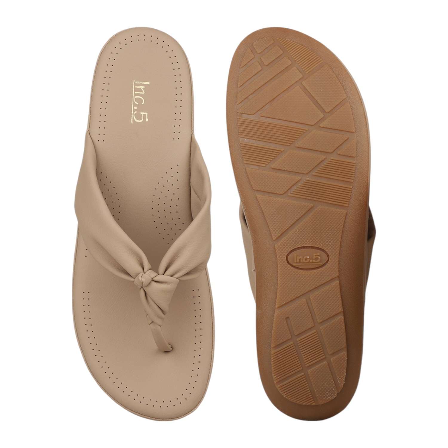 Women Chikoo Beige Knotted Strap Wedge Thong Sandals