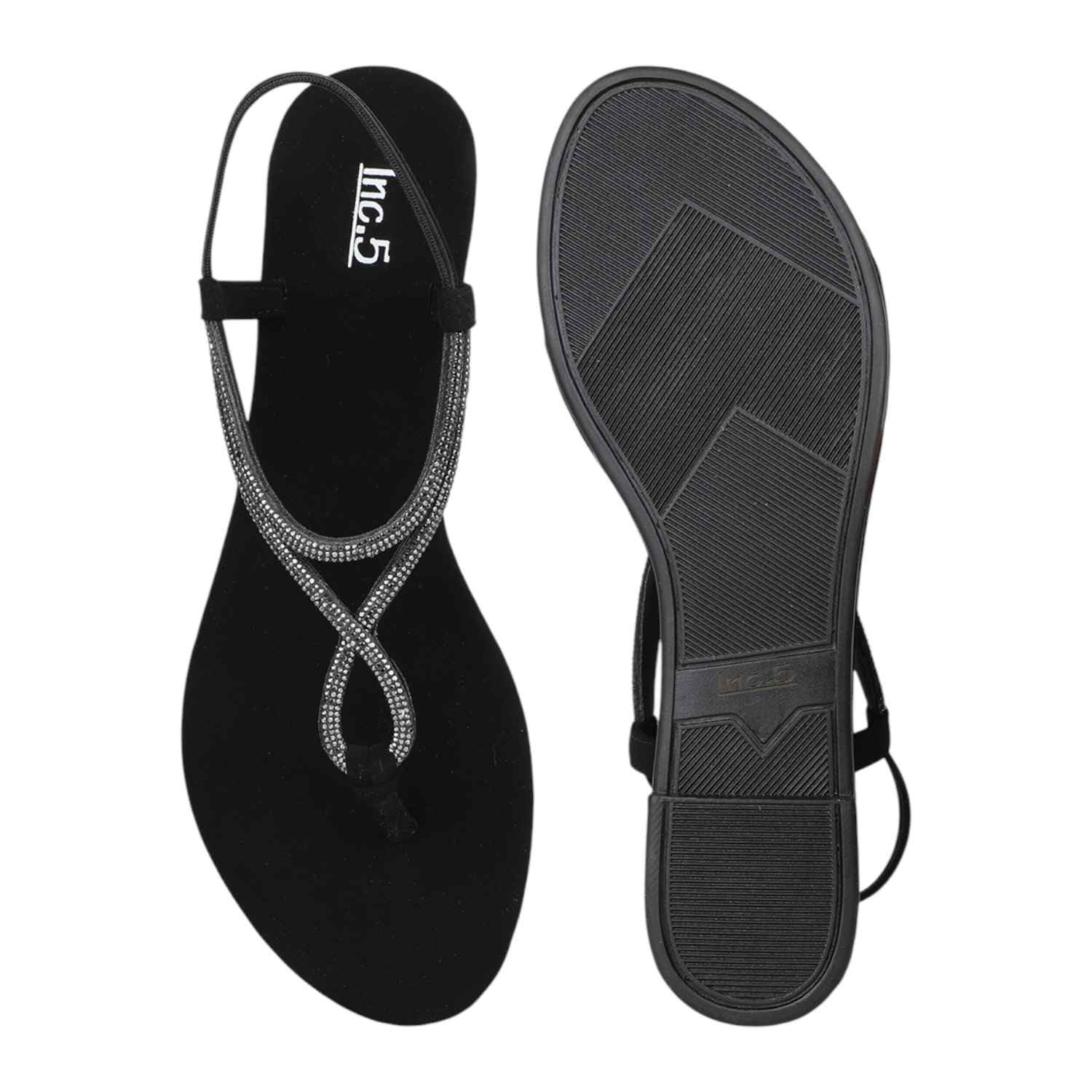 Inc.5 | Women Black Flat Thong Sandals with Embellished Straps|3