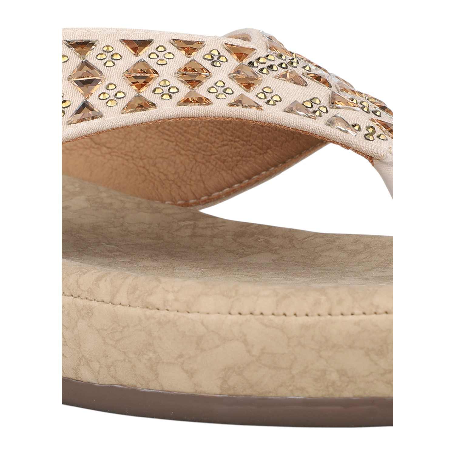 Women Beige Laser-Cut Strap Wedge Thong Sandals
