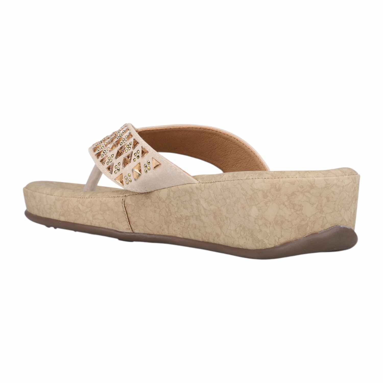 Women Beige Laser-Cut Strap Wedge Thong Sandals