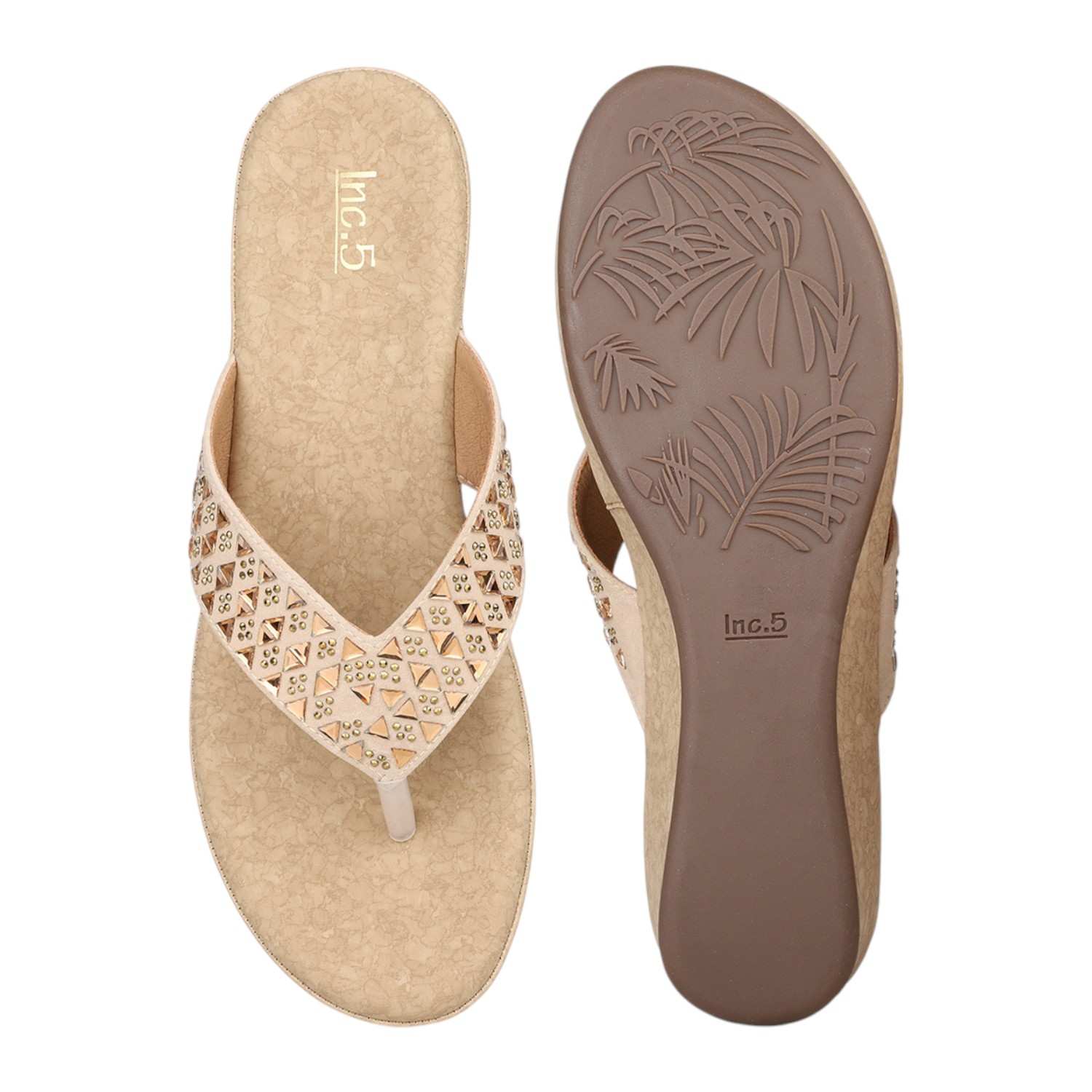 Women Beige Laser-Cut Strap Wedge Thong Sandals