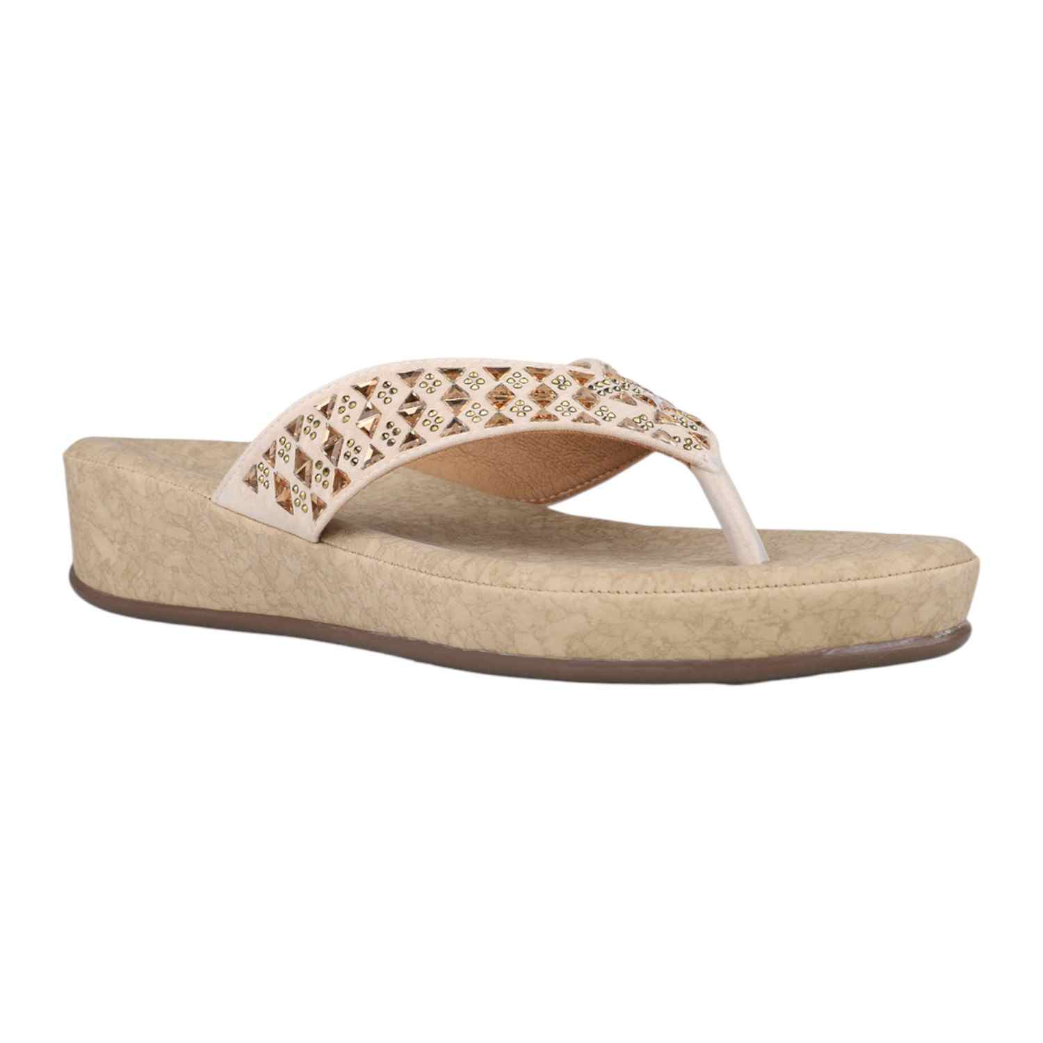 Women Beige Laser-Cut Strap Wedge Thong Sandals