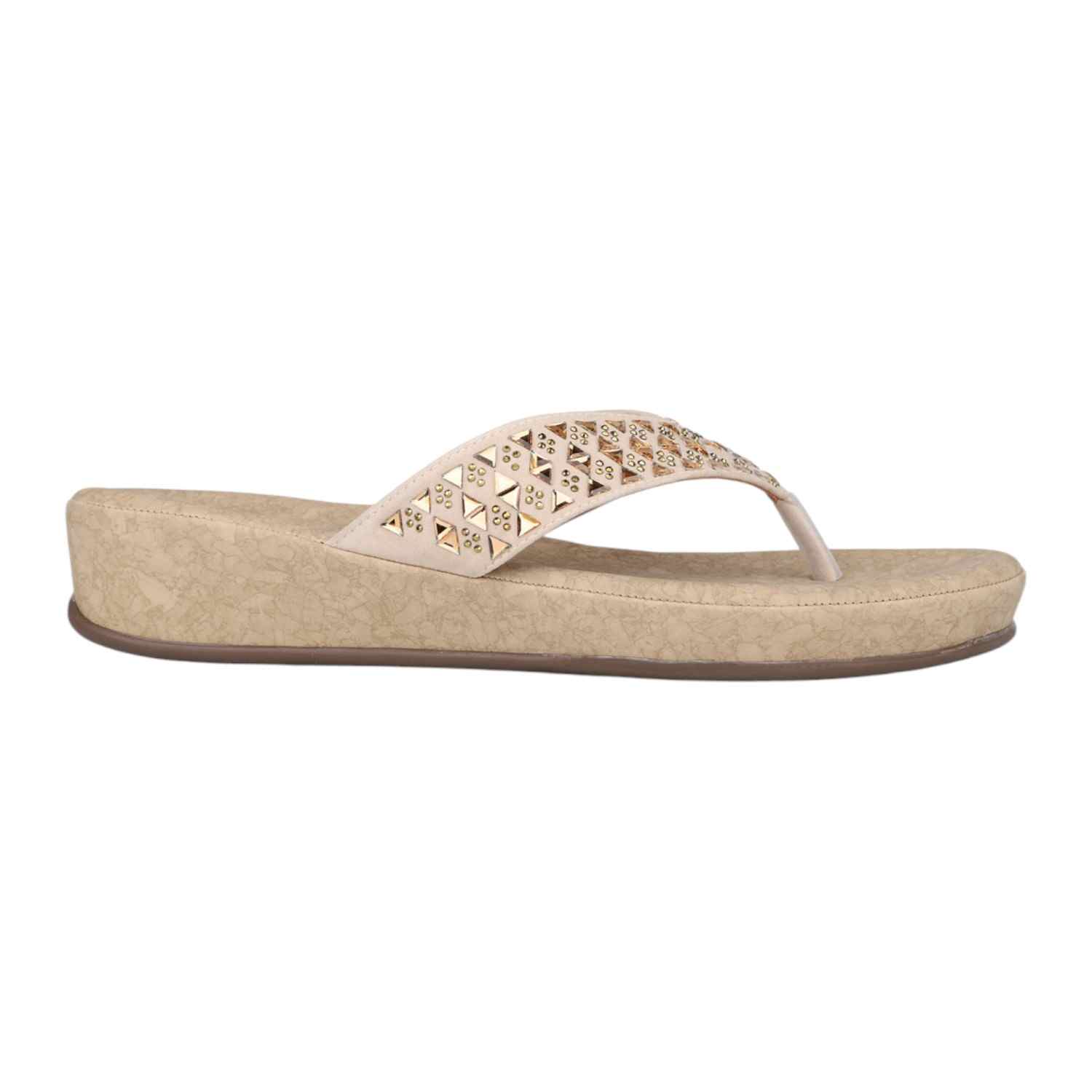 Women Beige Laser-Cut Strap Wedge Thong Sandals