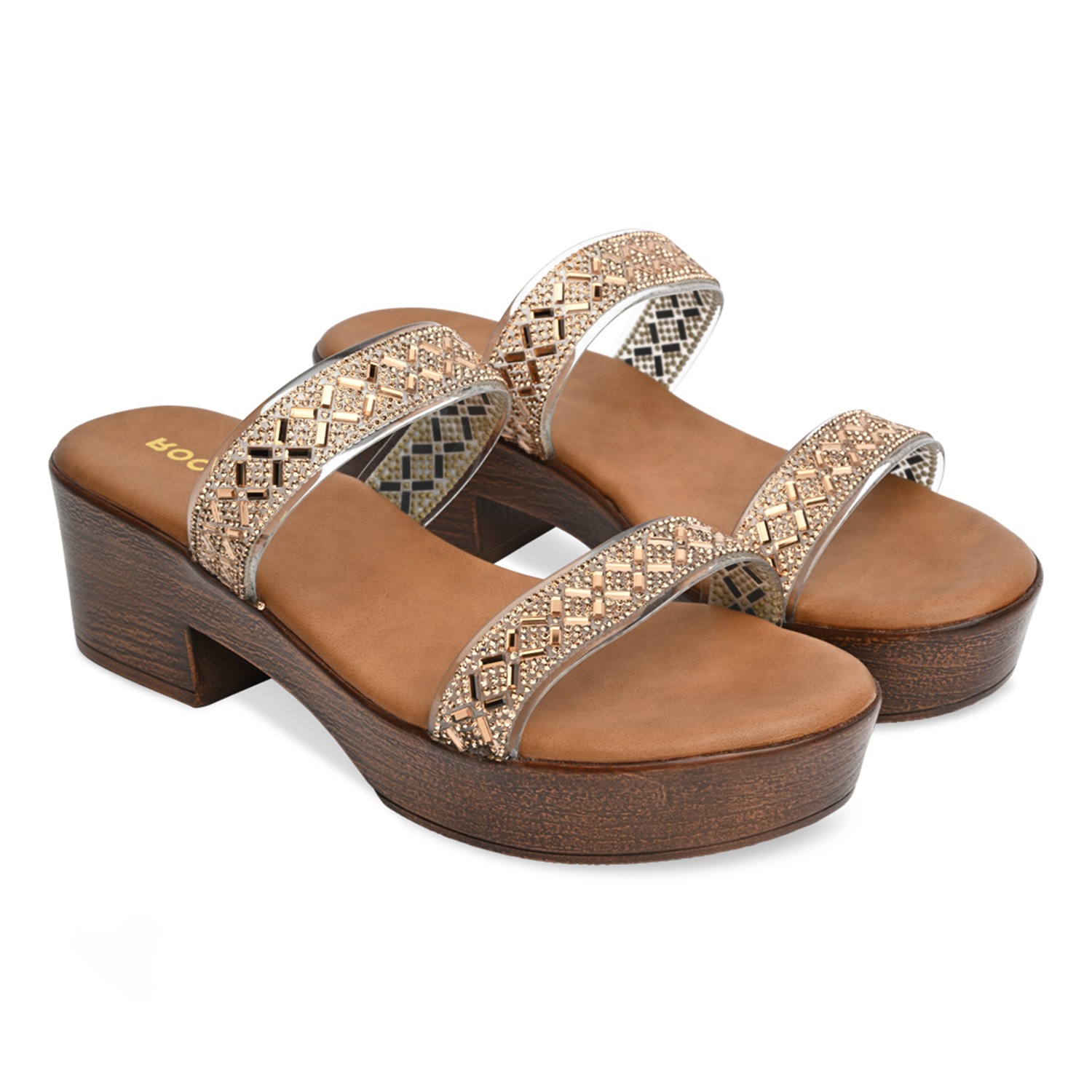 Antique Gold Women Vinyl Studded Block Heel Sandals