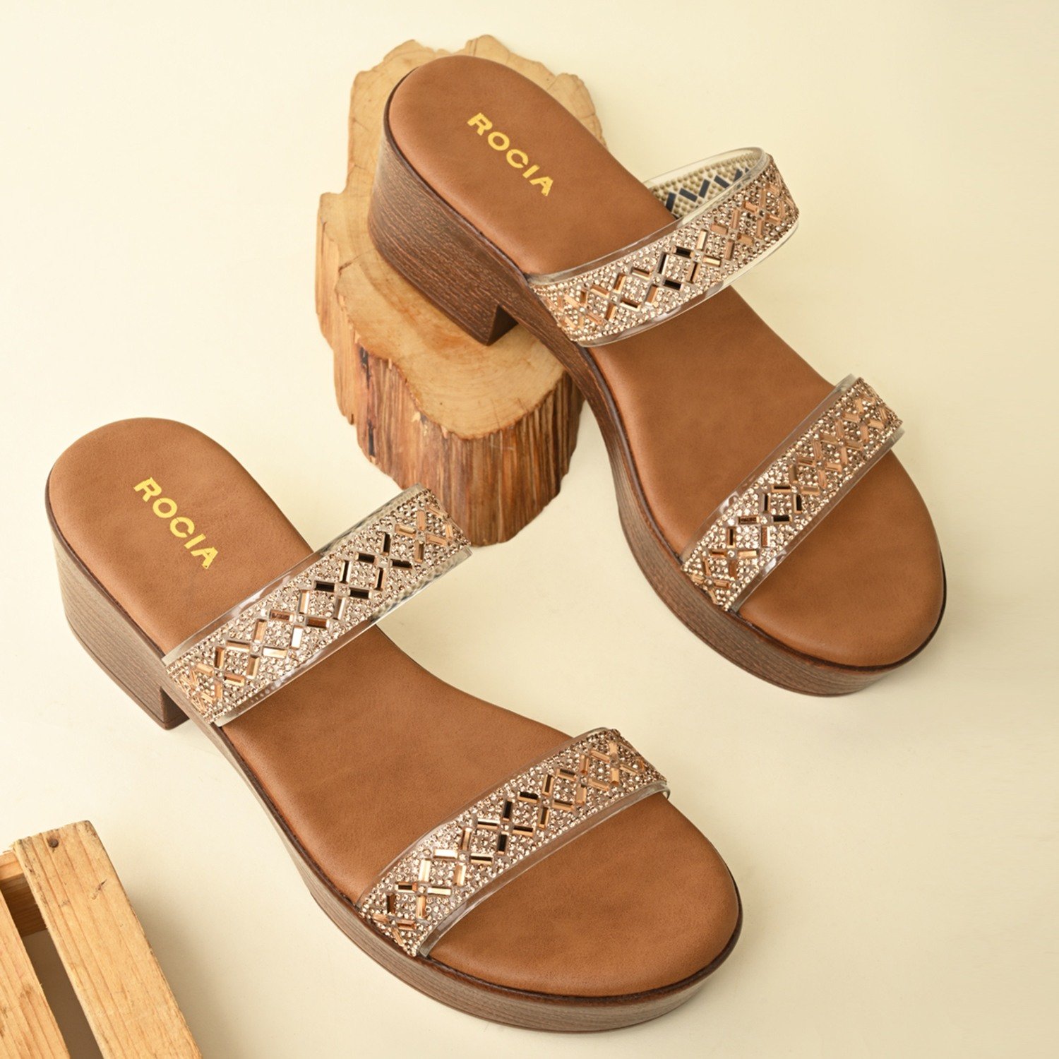 Antique Gold Women Vinyl Studded Block Heel Sandals
