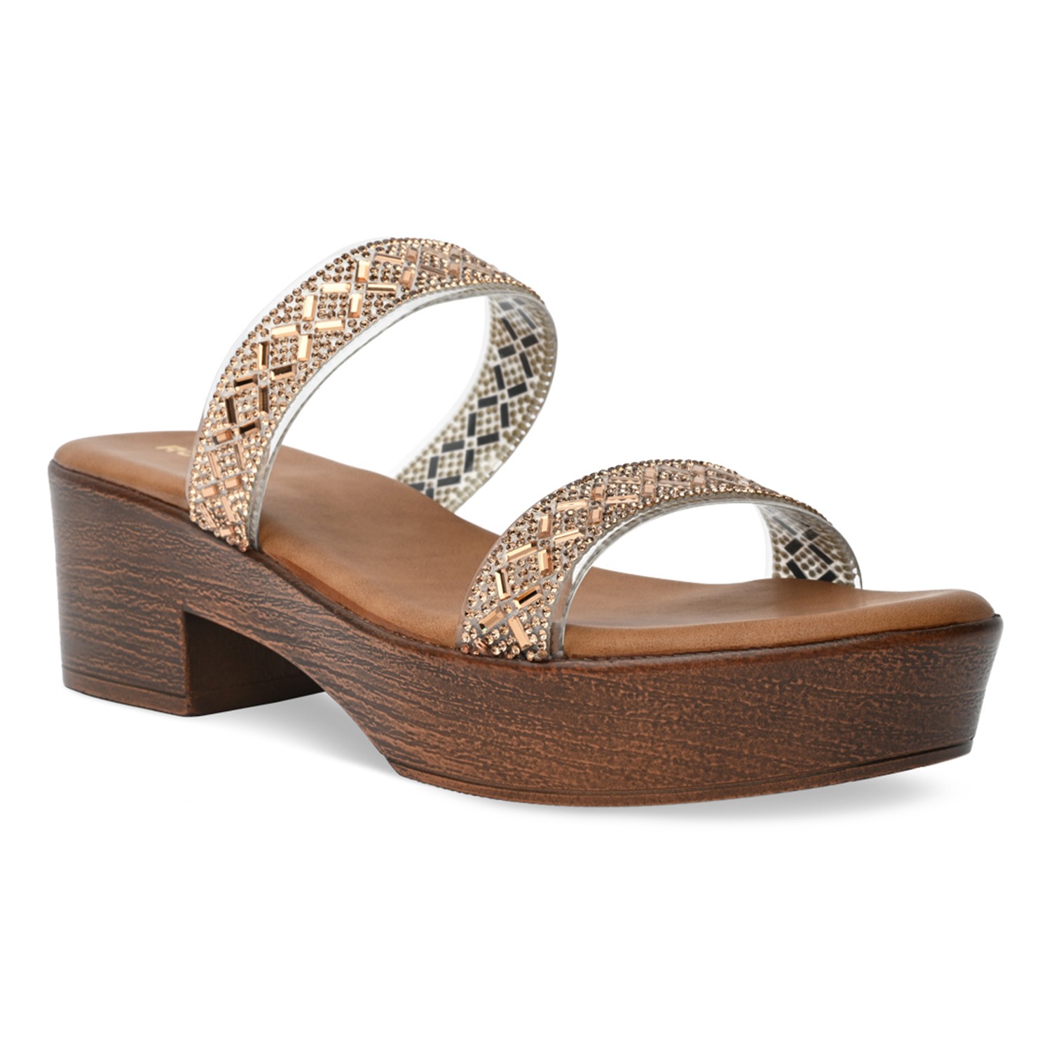 Antique Gold Women Vinyl Studded Block Heel Sandals