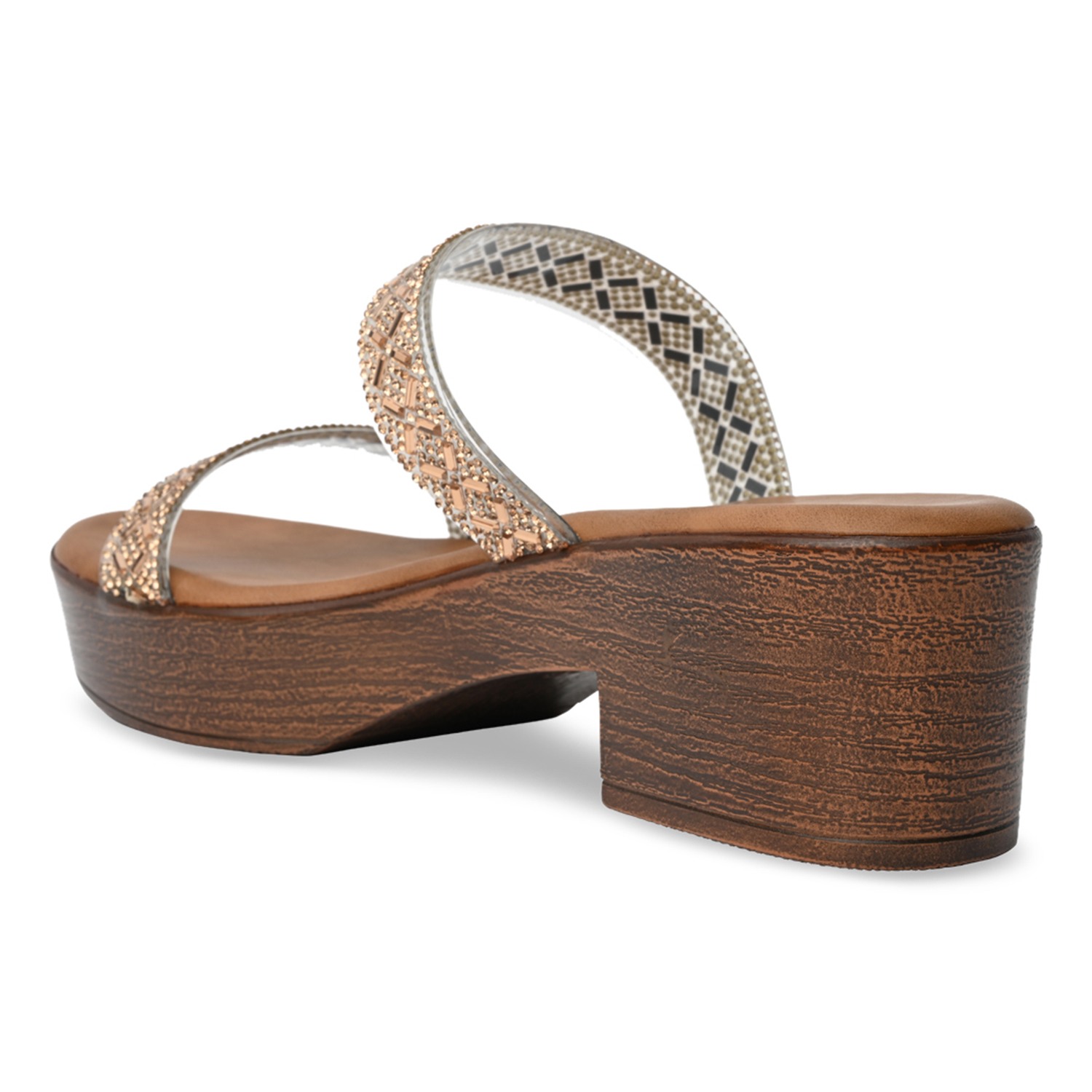 Antique Gold Women Vinyl Studded Block Heel Sandals