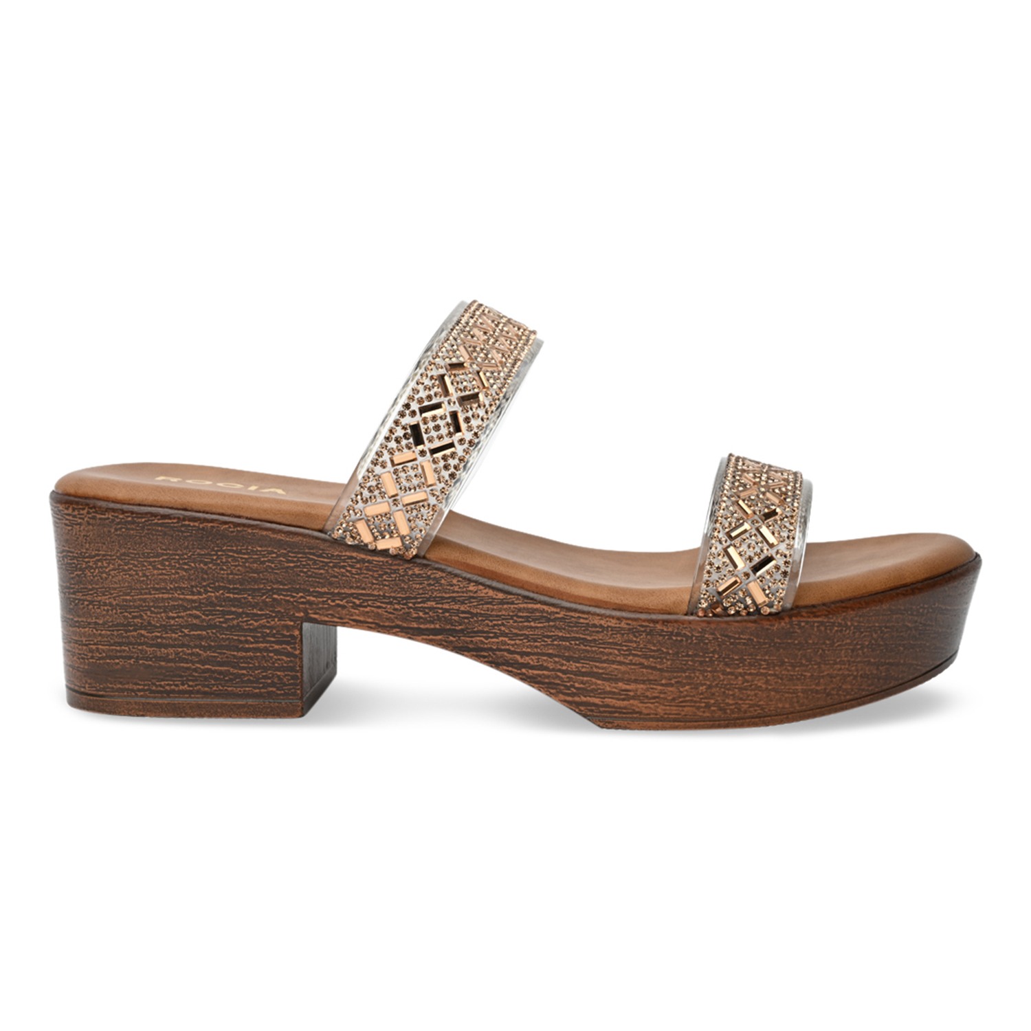 Antique Gold Women Vinyl Studded Block Heel Sandals