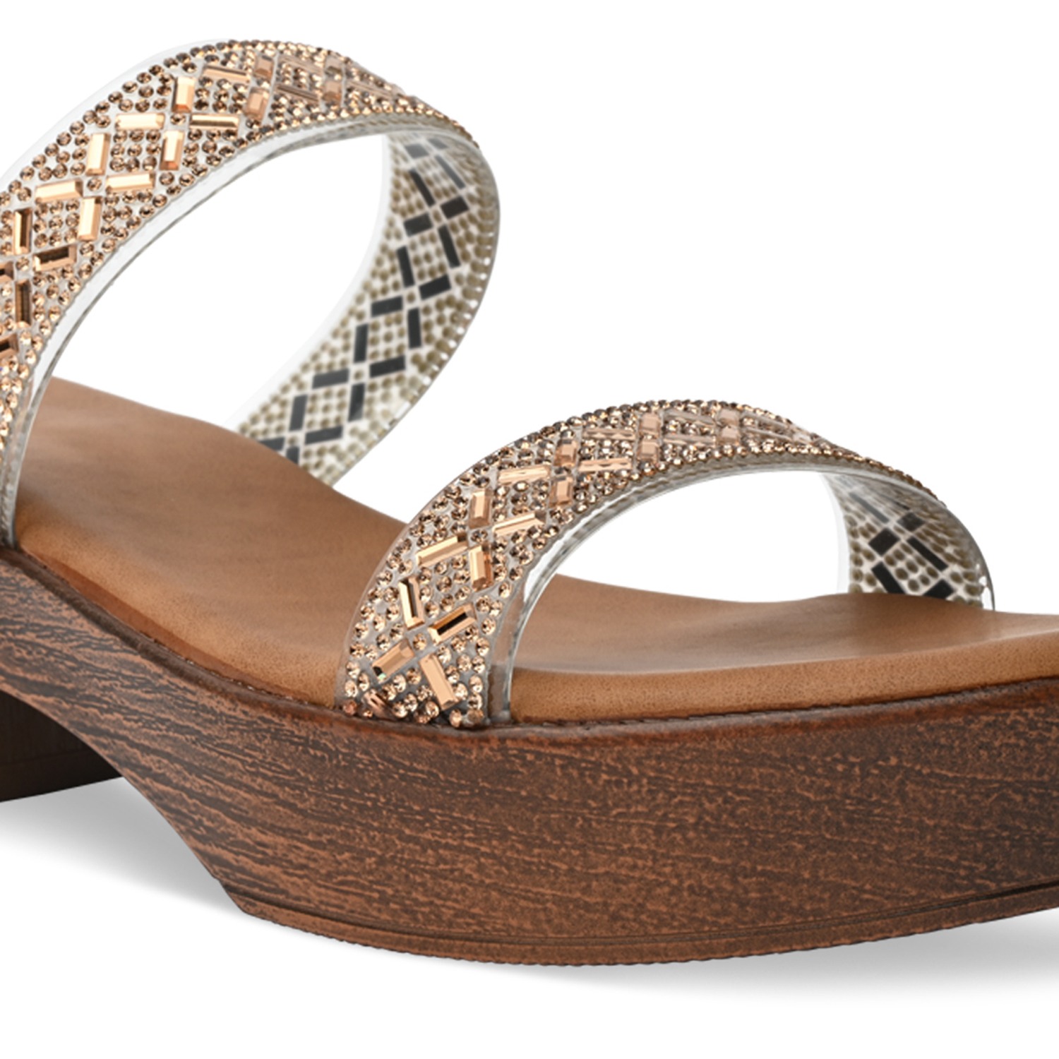 Antique Gold Women Vinyl Studded Block Heel Sandals