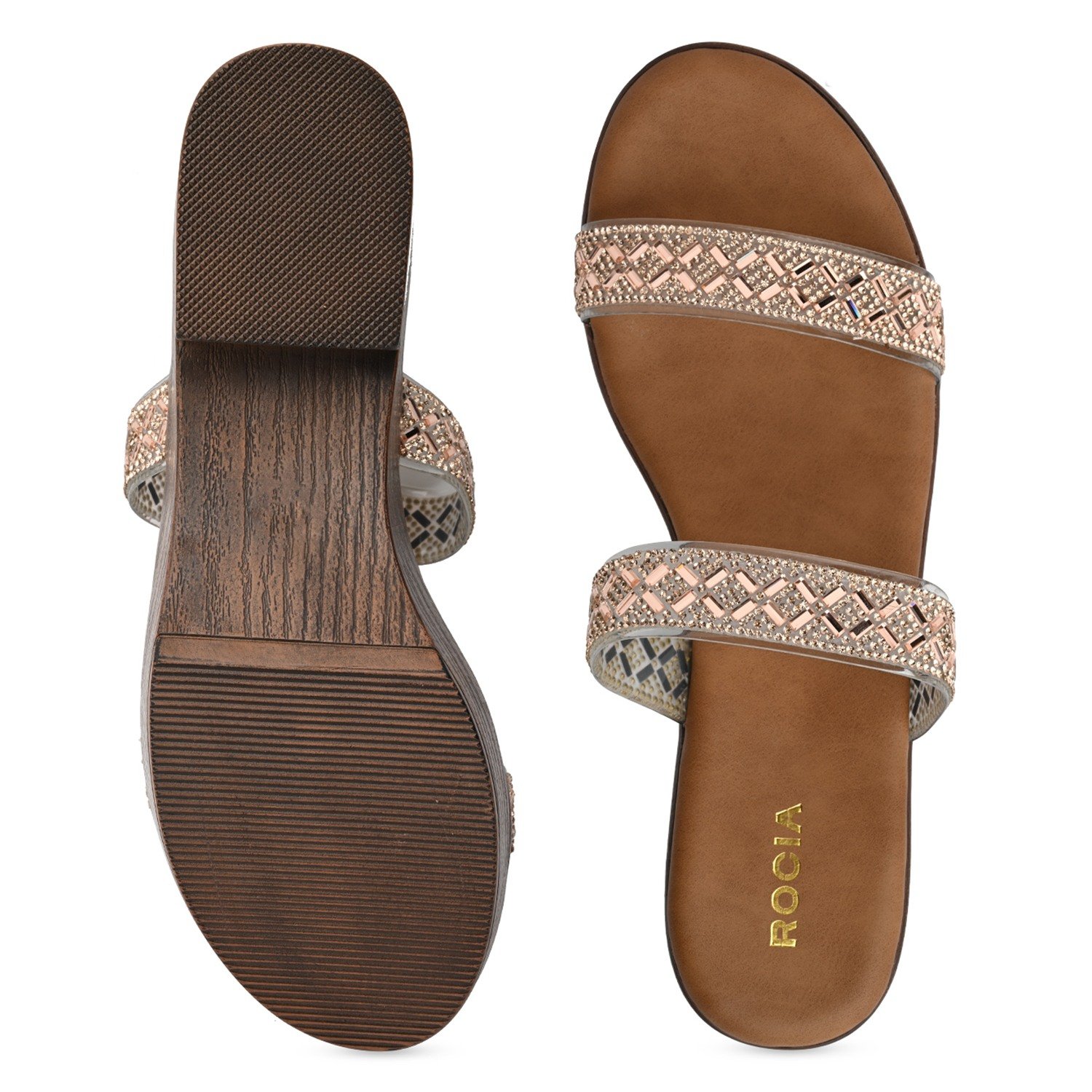 Rose Gold Women Vinyl Studded Block Heel Sandals