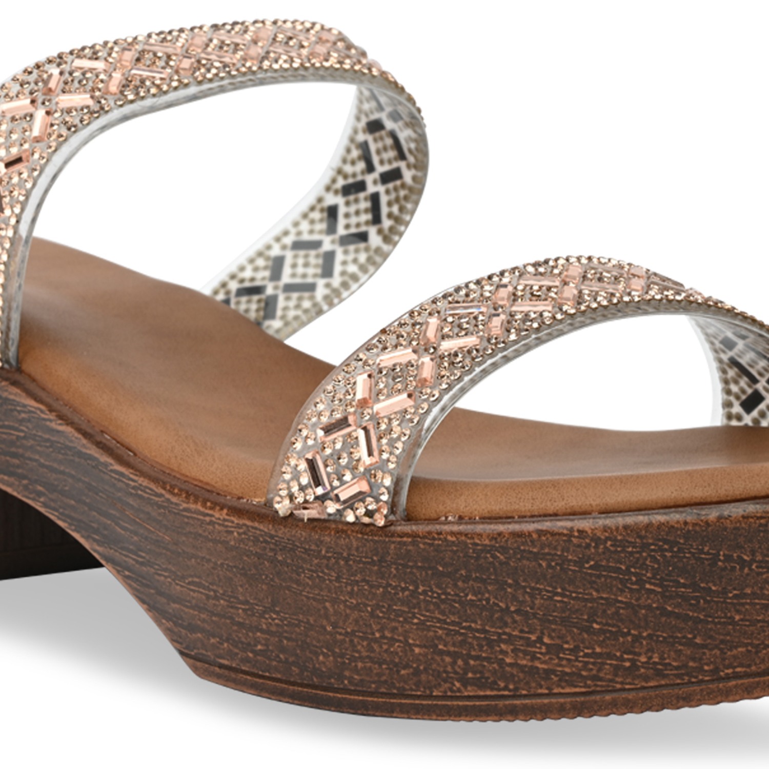 Rose Gold Women Vinyl Studded Block Heel Sandals