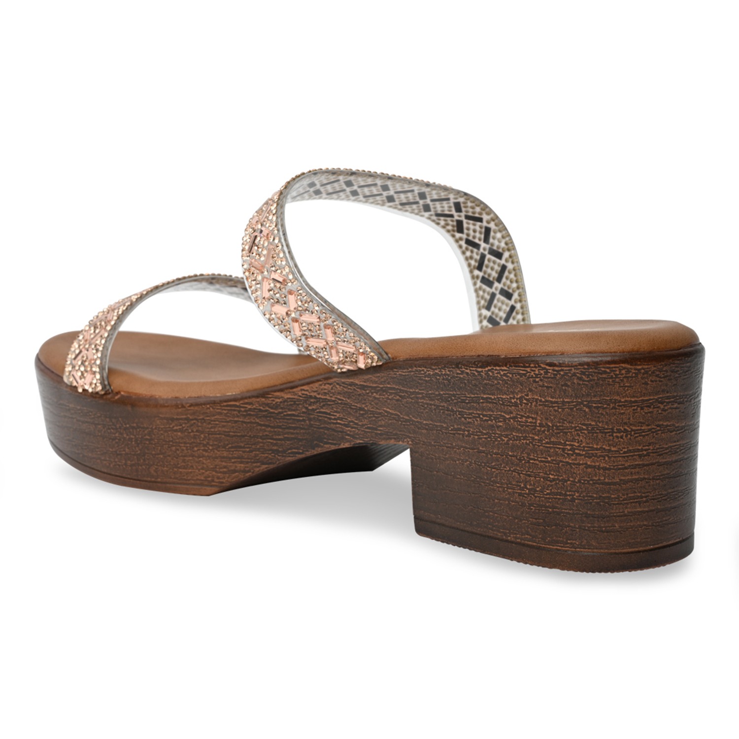 Rose Gold Women Vinyl Studded Block Heel Sandals