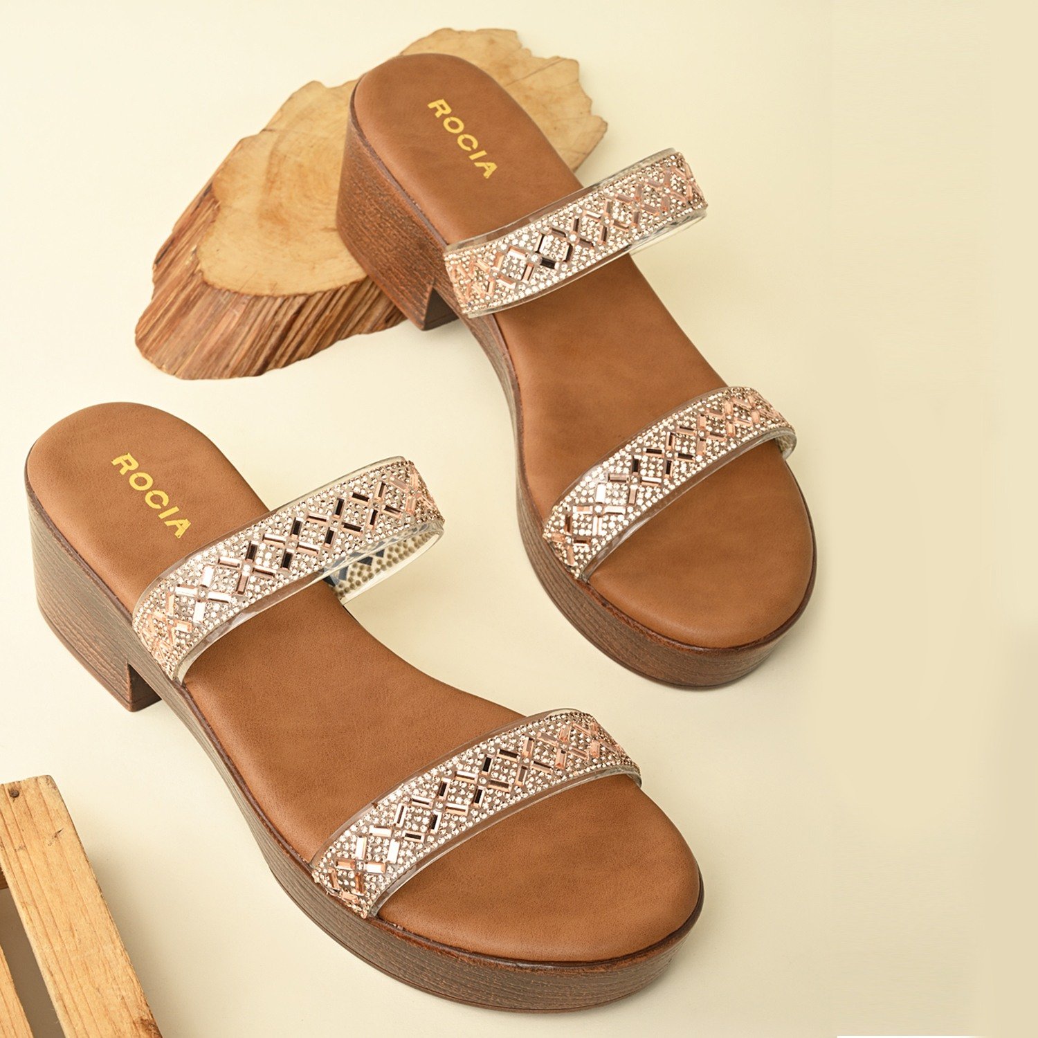 Rose Gold Women Vinyl Studded Block Heel Sandals