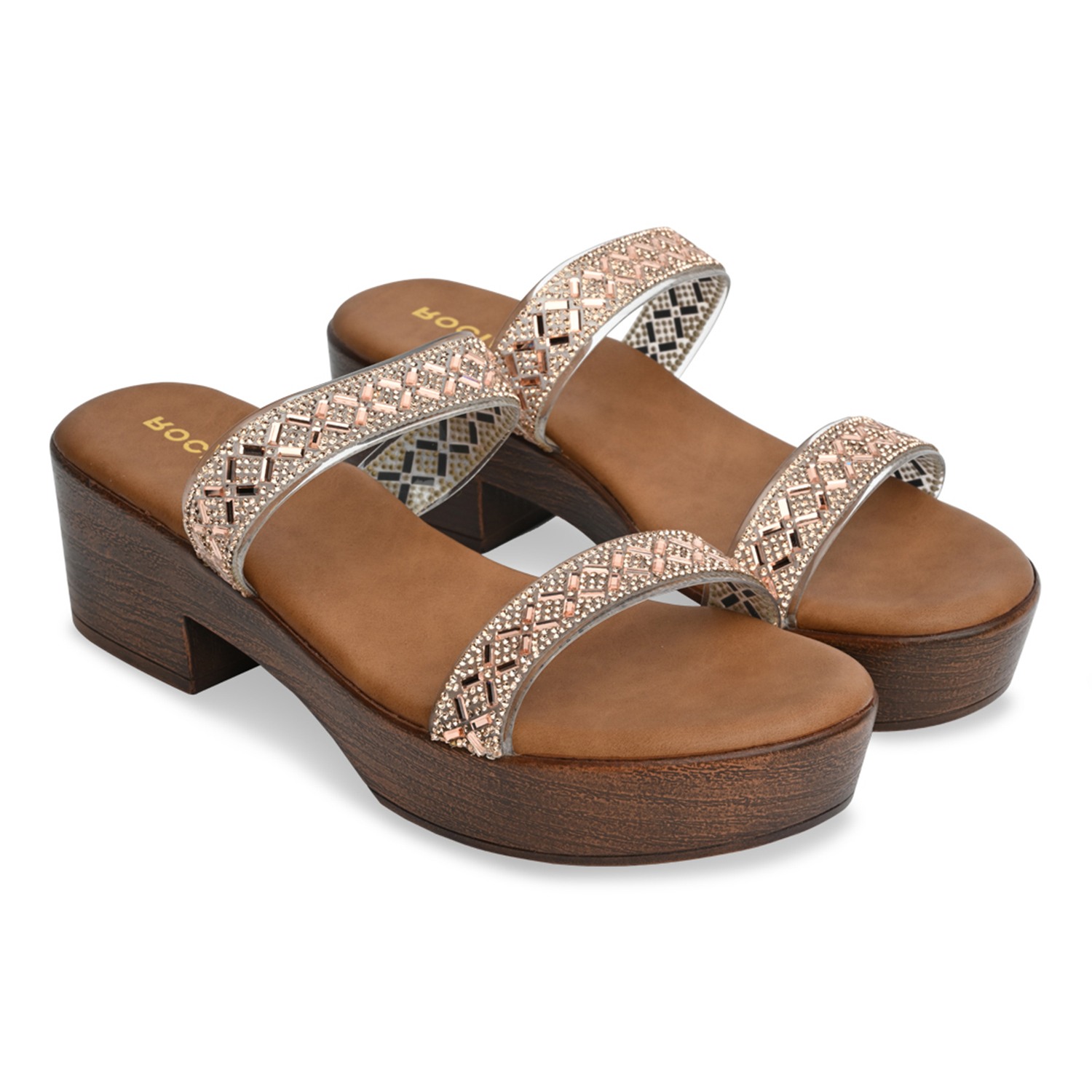 Rose Gold Women Vinyl Studded Block Heel Sandals