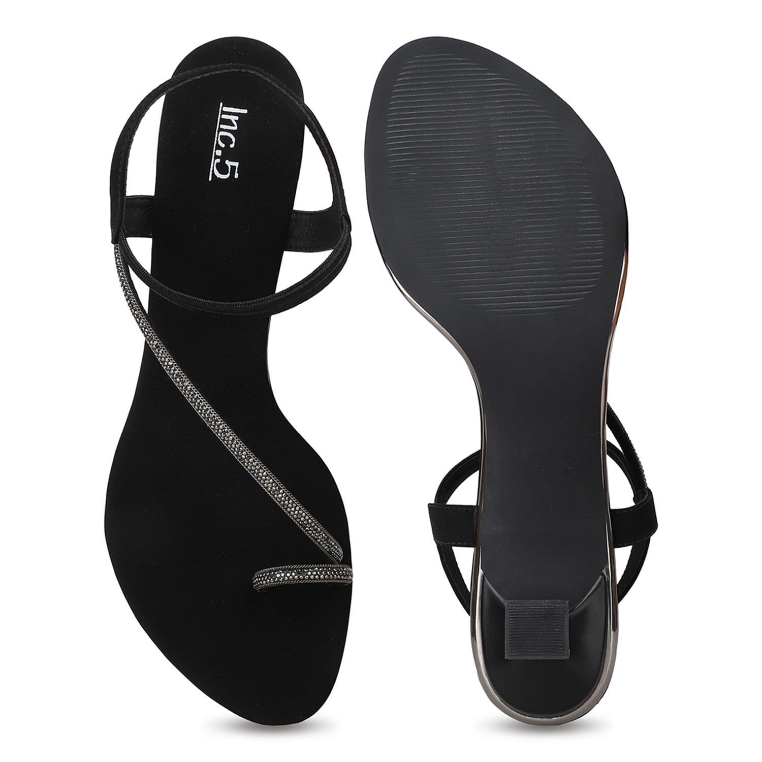 Inc.5 Women Black Party Wear Embellished One Toe Block Heel Sandals