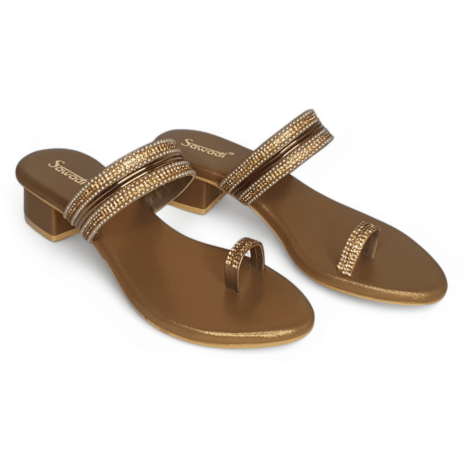 Elegant Tan Toe Ring Block Heel Sandals with Rhinestones
