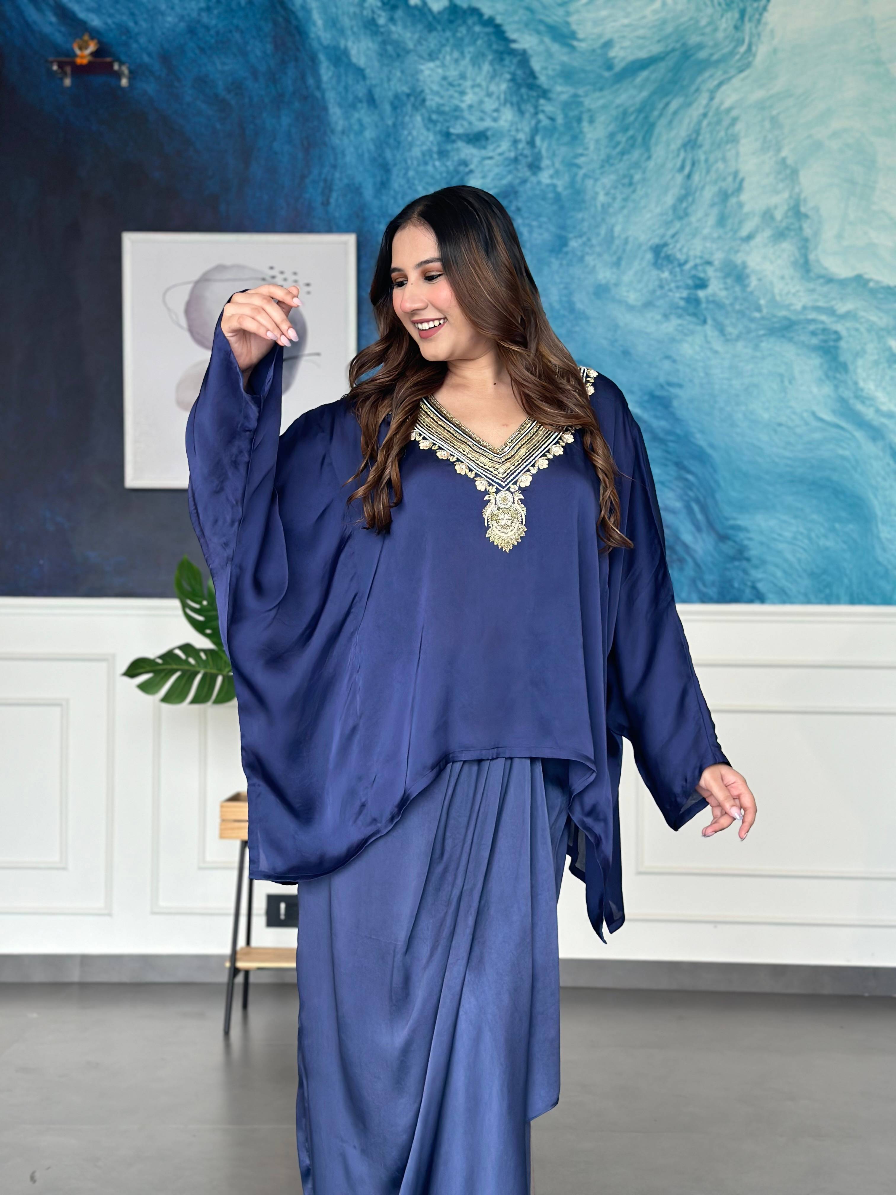 Navy Blue Embroidered Kaftan Set